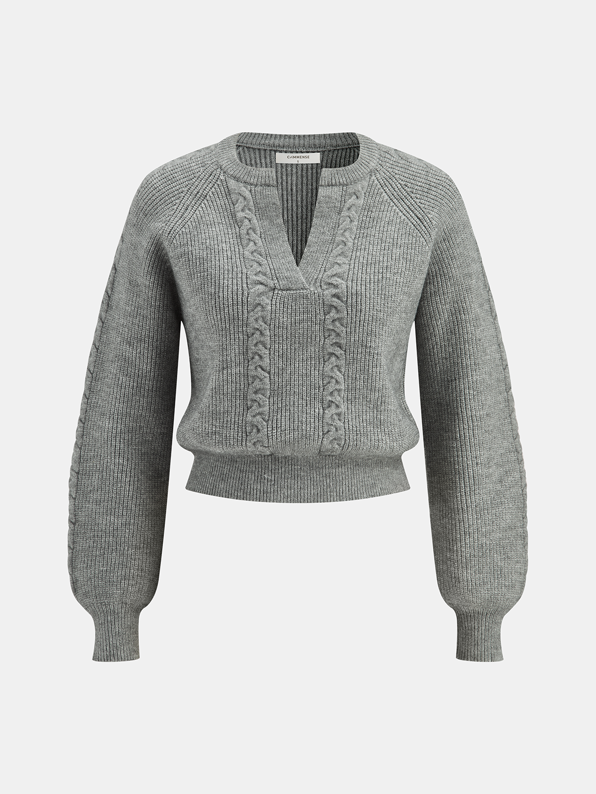 Cable Knit V-neck Puff Sleeve Sweater-Chicvia