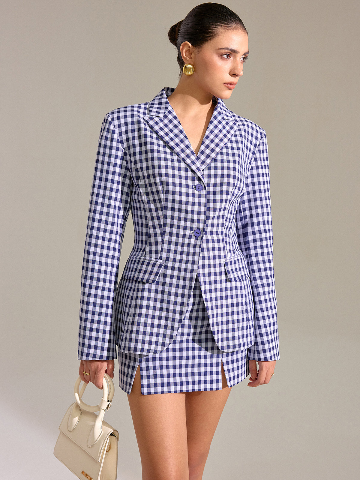 Pocket Vintage Gingham Blazer-Chicvia