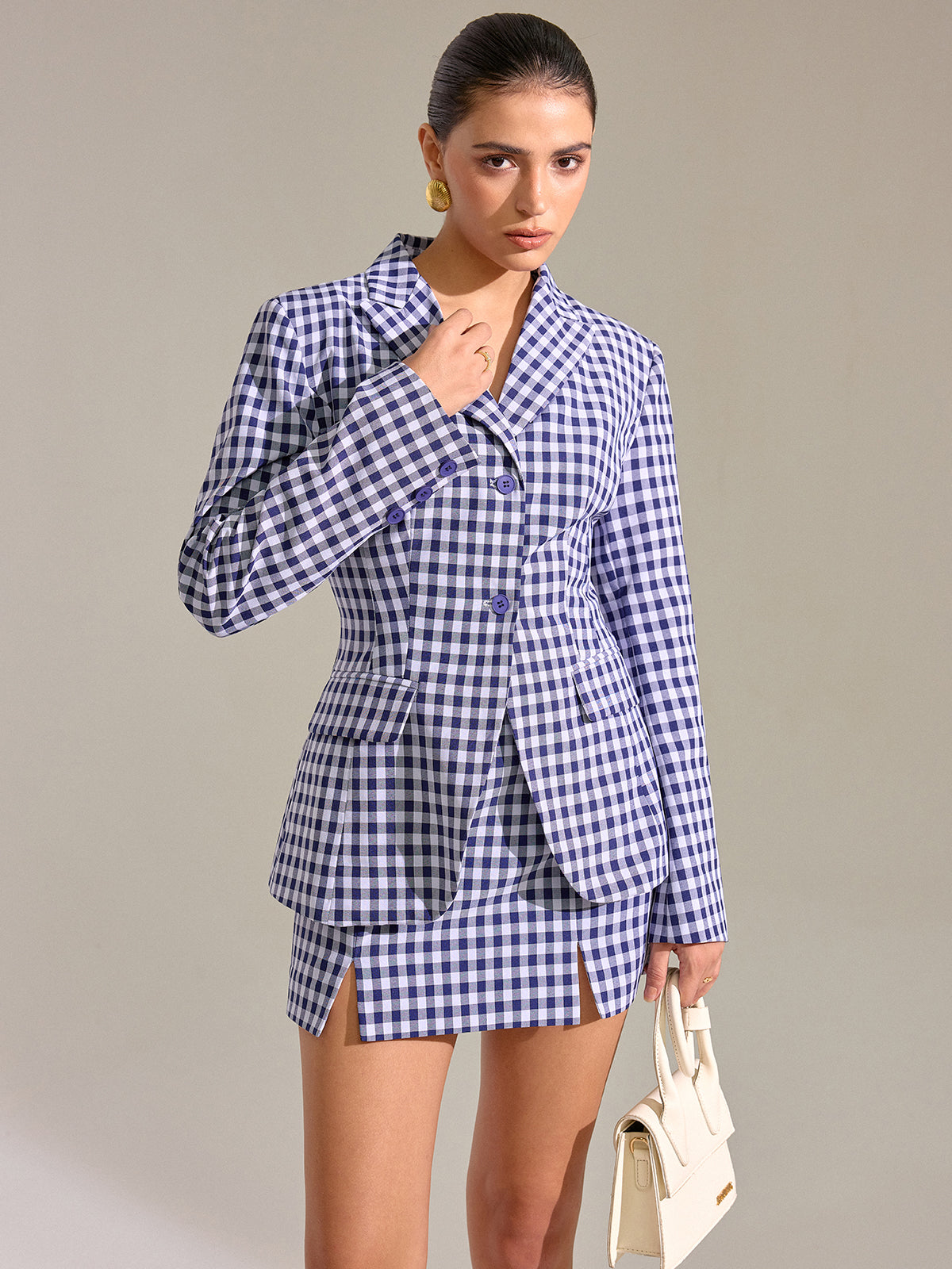Pocket Vintage Gingham Blazer-Chicvia