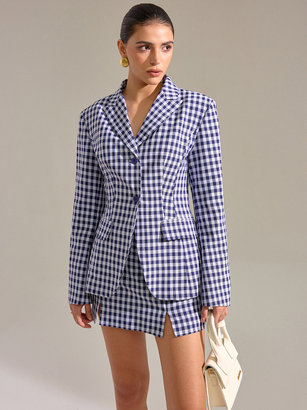 Pocket Vintage Gingham Blazer-Chicvia