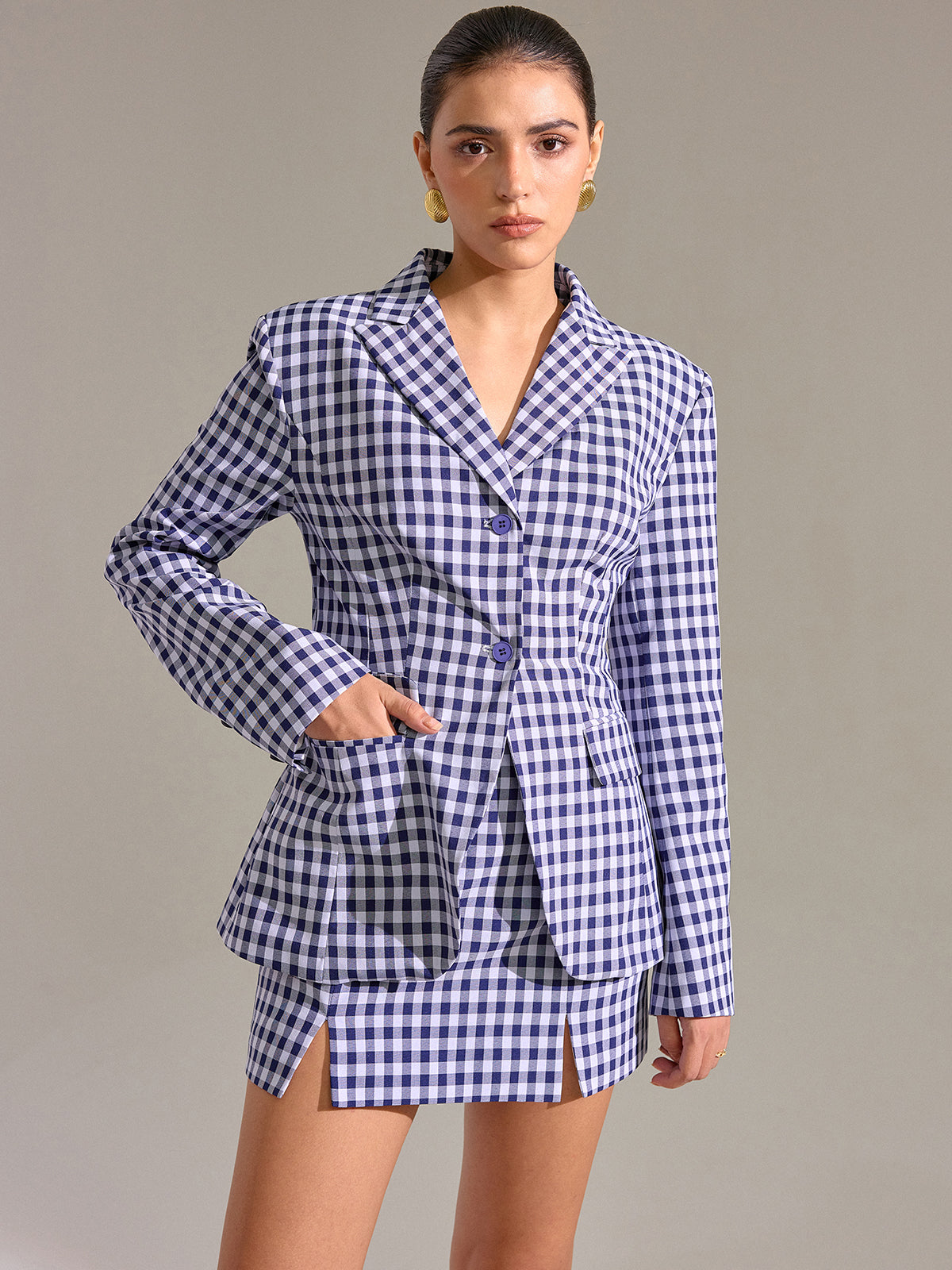 Pocket Vintage Gingham Blazer-Chicvia