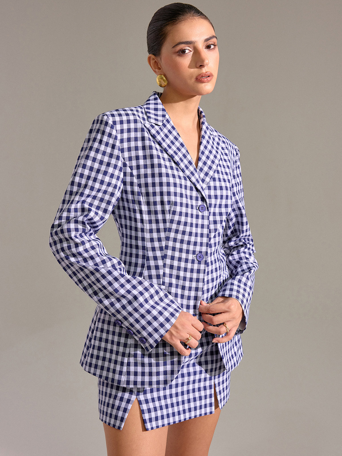 Pocket Vintage Gingham Blazer-Chicvia