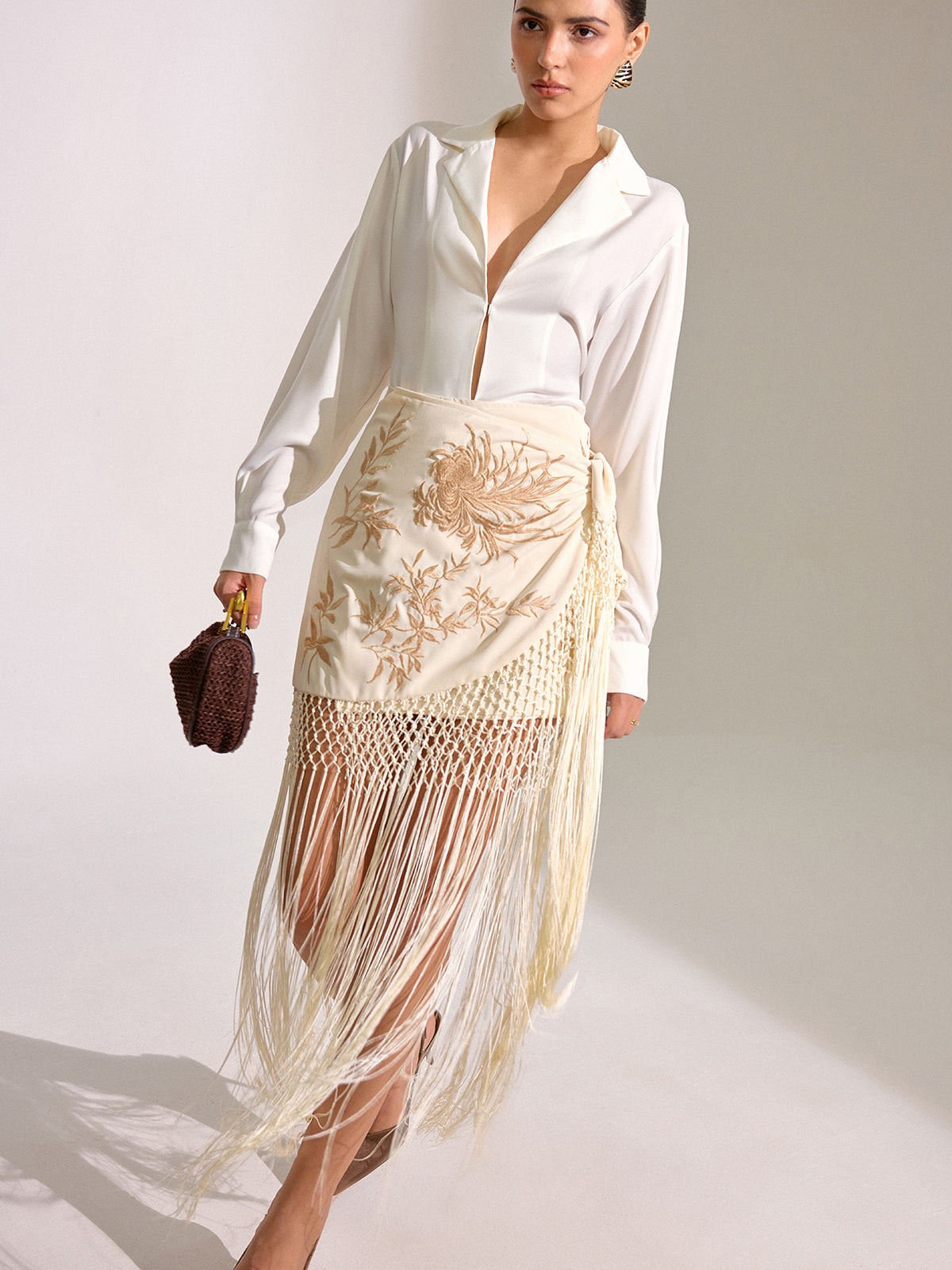 Floral Embroidered Fringe Mini Skirt-Chicvia