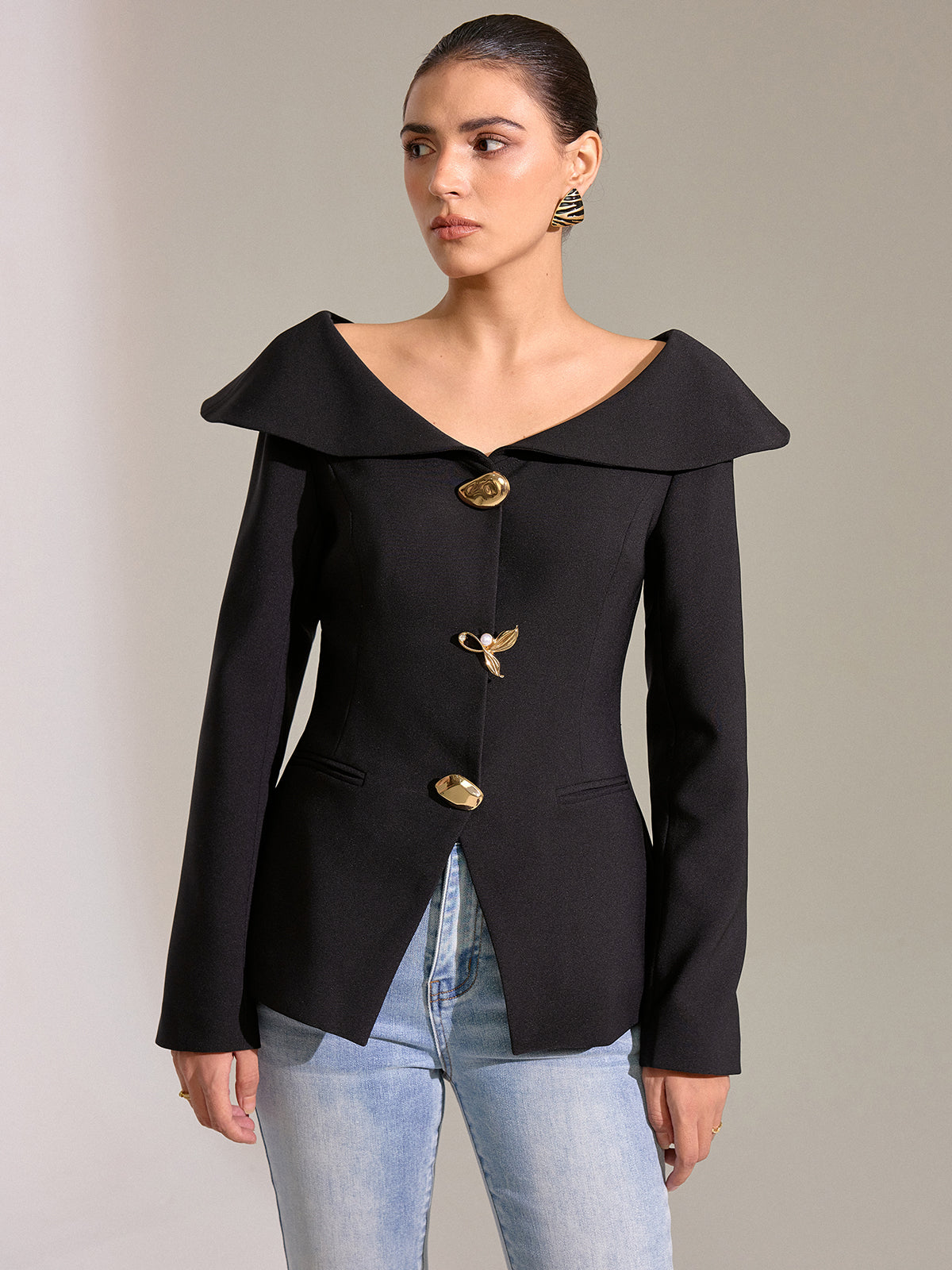 Large Lapel Off-Shoulder Blazer-Chicvia
