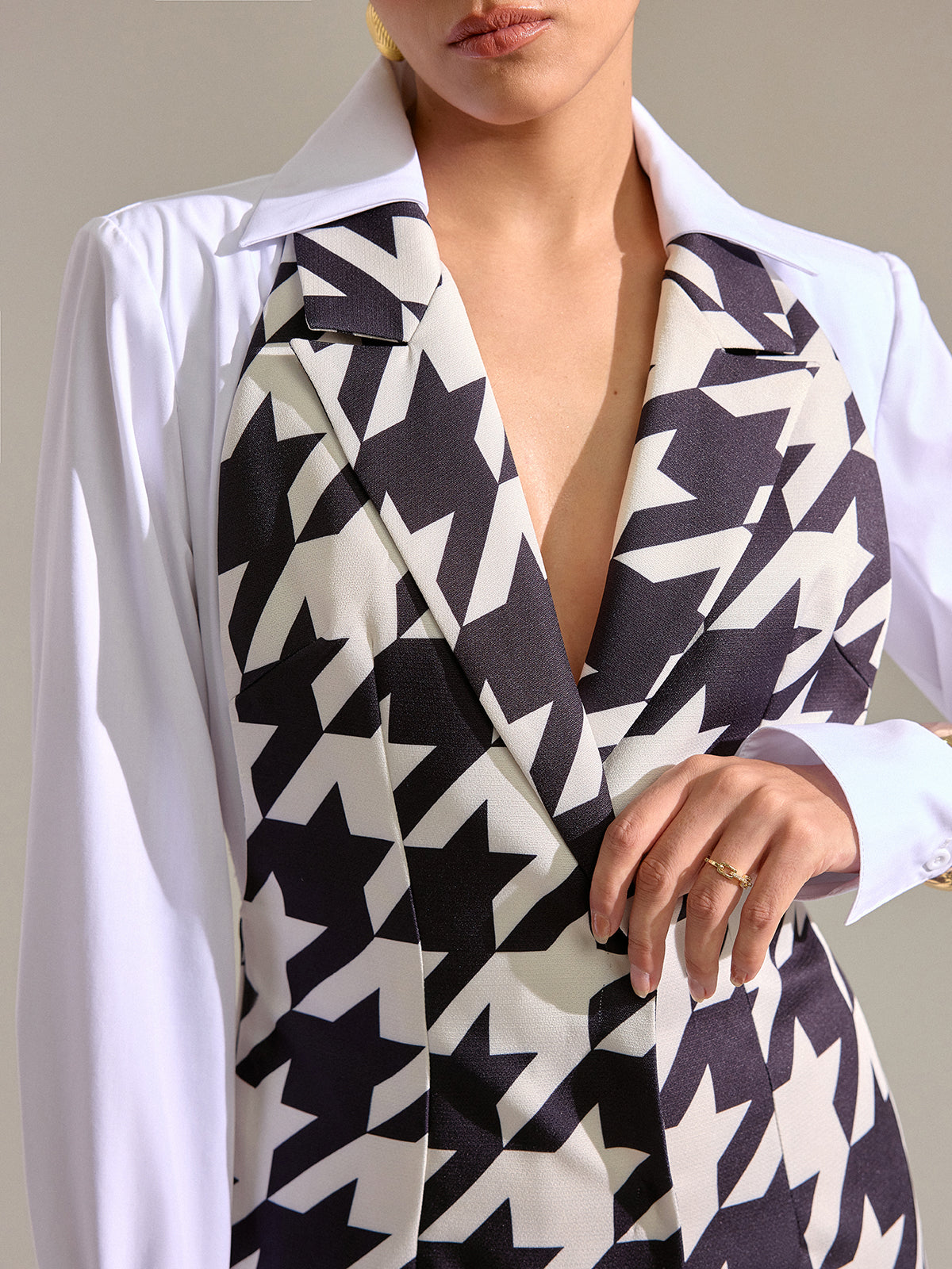 Houndstooth Shirt-Paneled Mini Dress-Chicvia