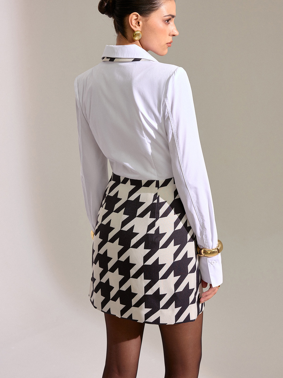 Houndstooth Shirt-Paneled Mini Dress-Chicvia