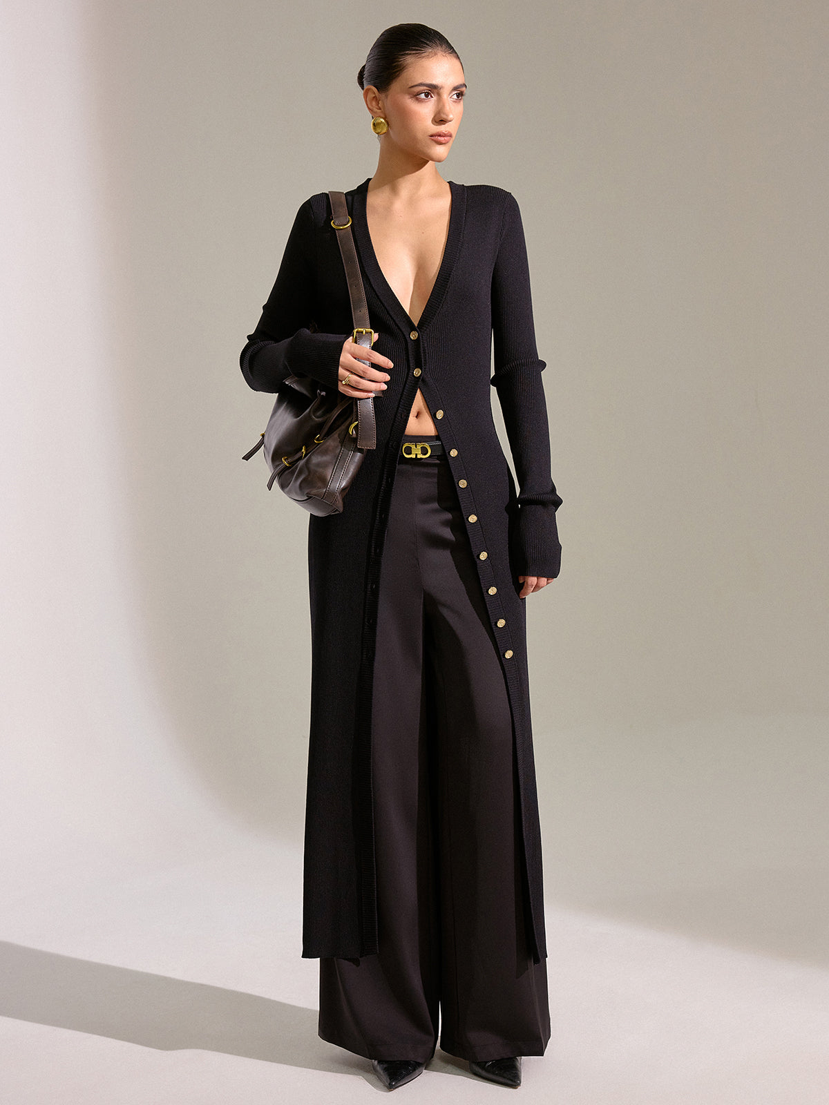 Metal Button Longline Knit Cardigan Dress-Chicvia