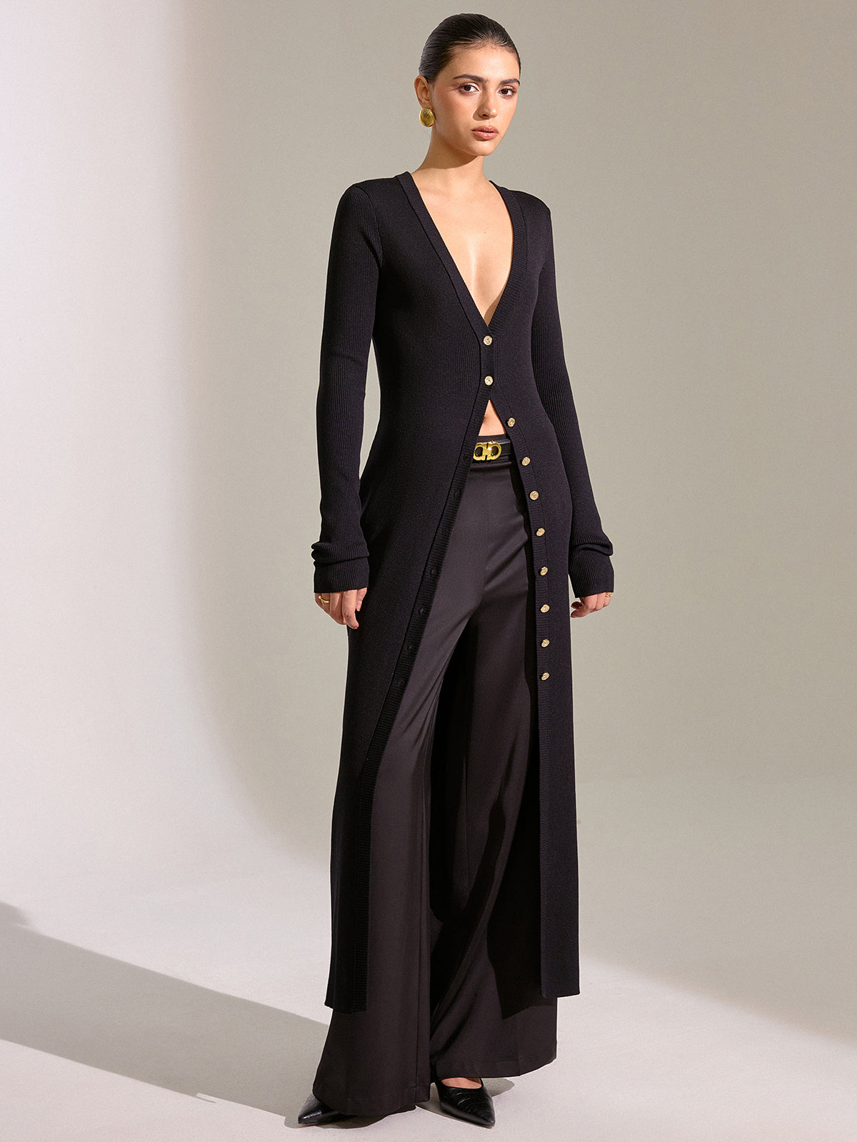 Metal Button Longline Knit Cardigan Dress-Chicvia