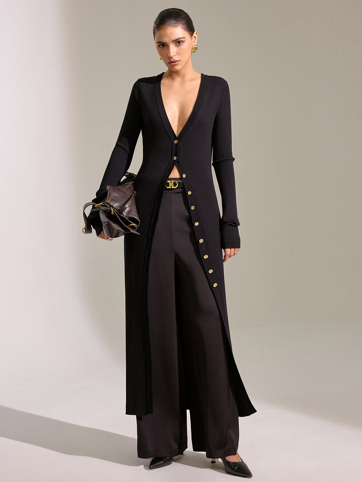 Metal Button Longline Knit Cardigan Dress-Chicvia