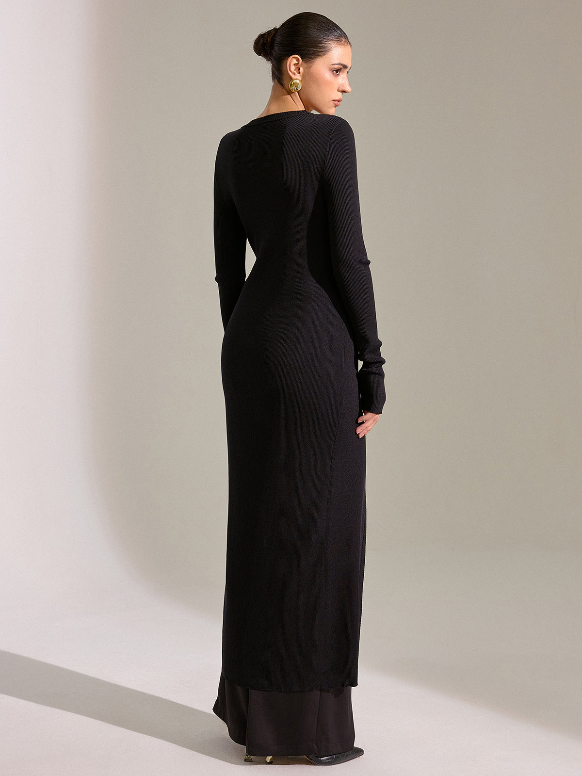 Metal Button Longline Knit Cardigan Dress-Chicvia