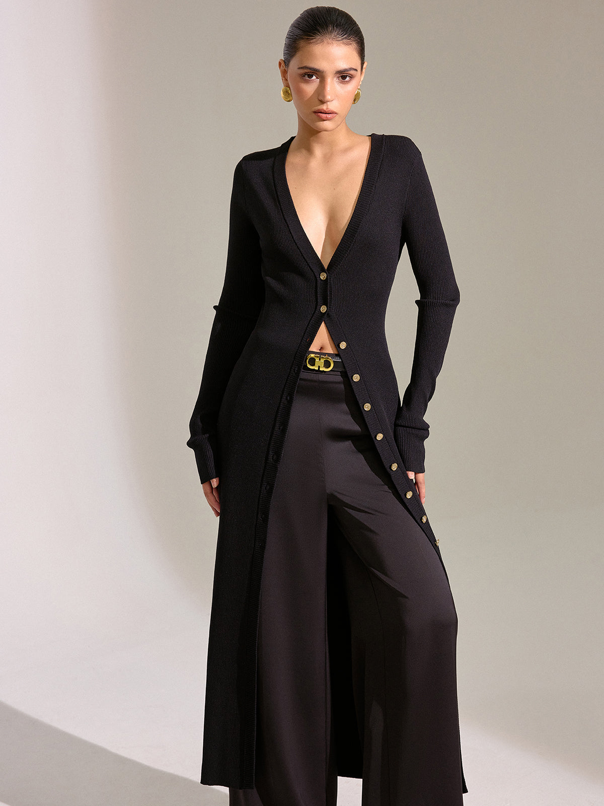 Metal Button Longline Knit Cardigan Dress-Chicvia