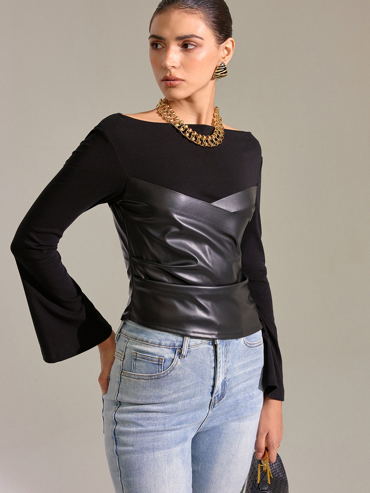 Flared Sleeve Faux Leather Panel Knit Top-Chicvia