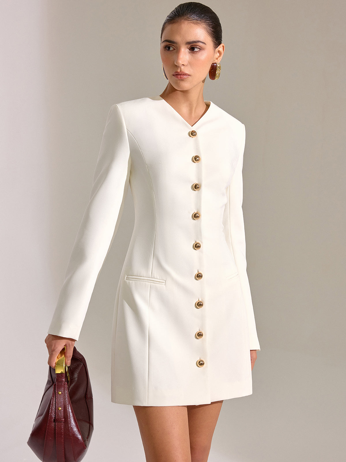 Metal Button-Front V-Neck Mini Dress-Chicvia