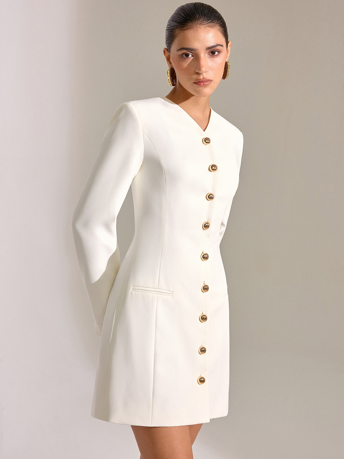 Metal Button-Front V-Neck Mini Dress-Chicvia