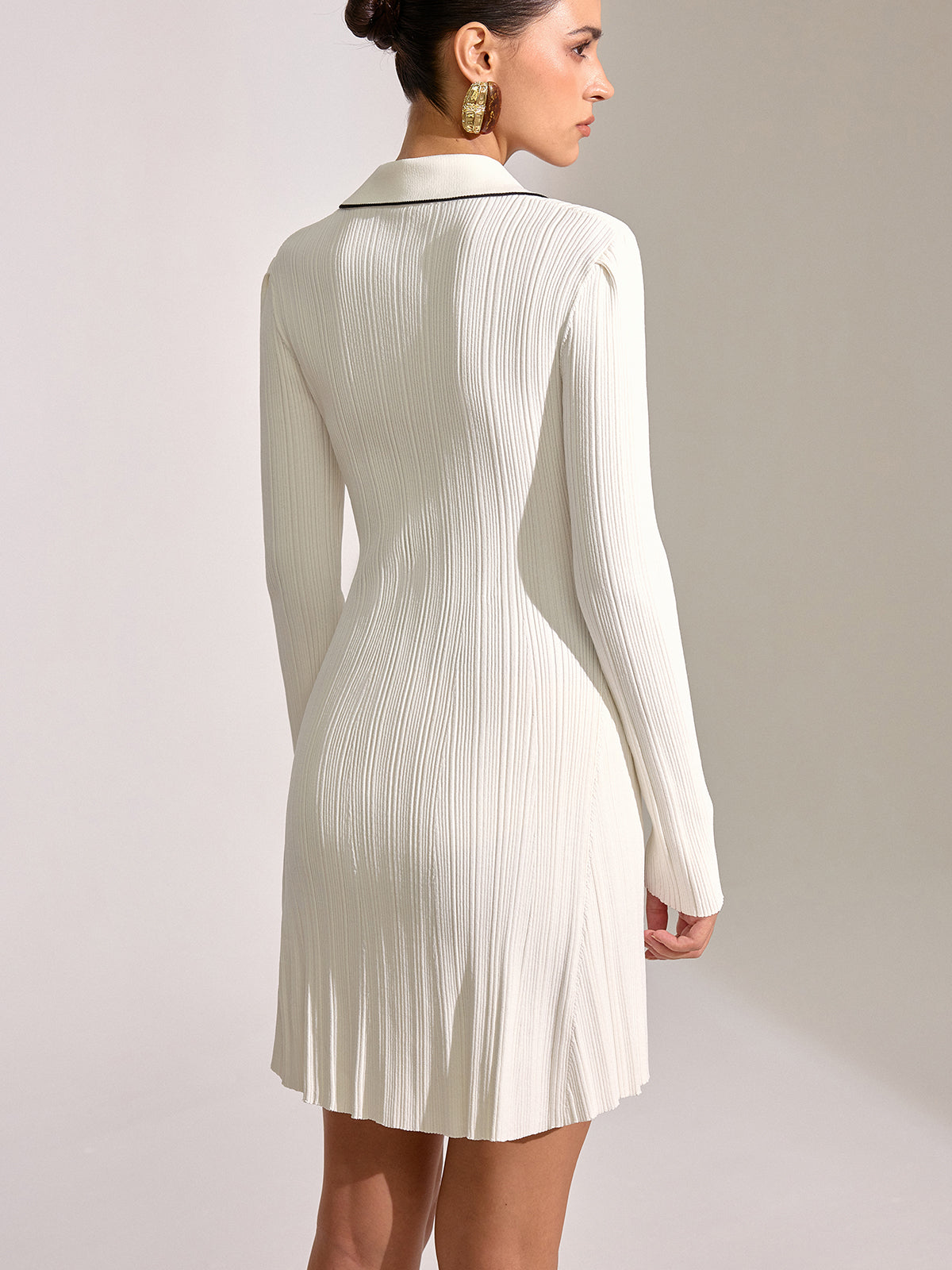 Contrast Trim Collar Long Sleeve Mini Dress-Chicvia