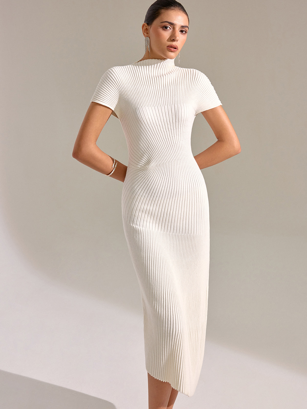 Mock Neck Short Sleeve Asymmetric Hem Maxi Dress-Chicvia