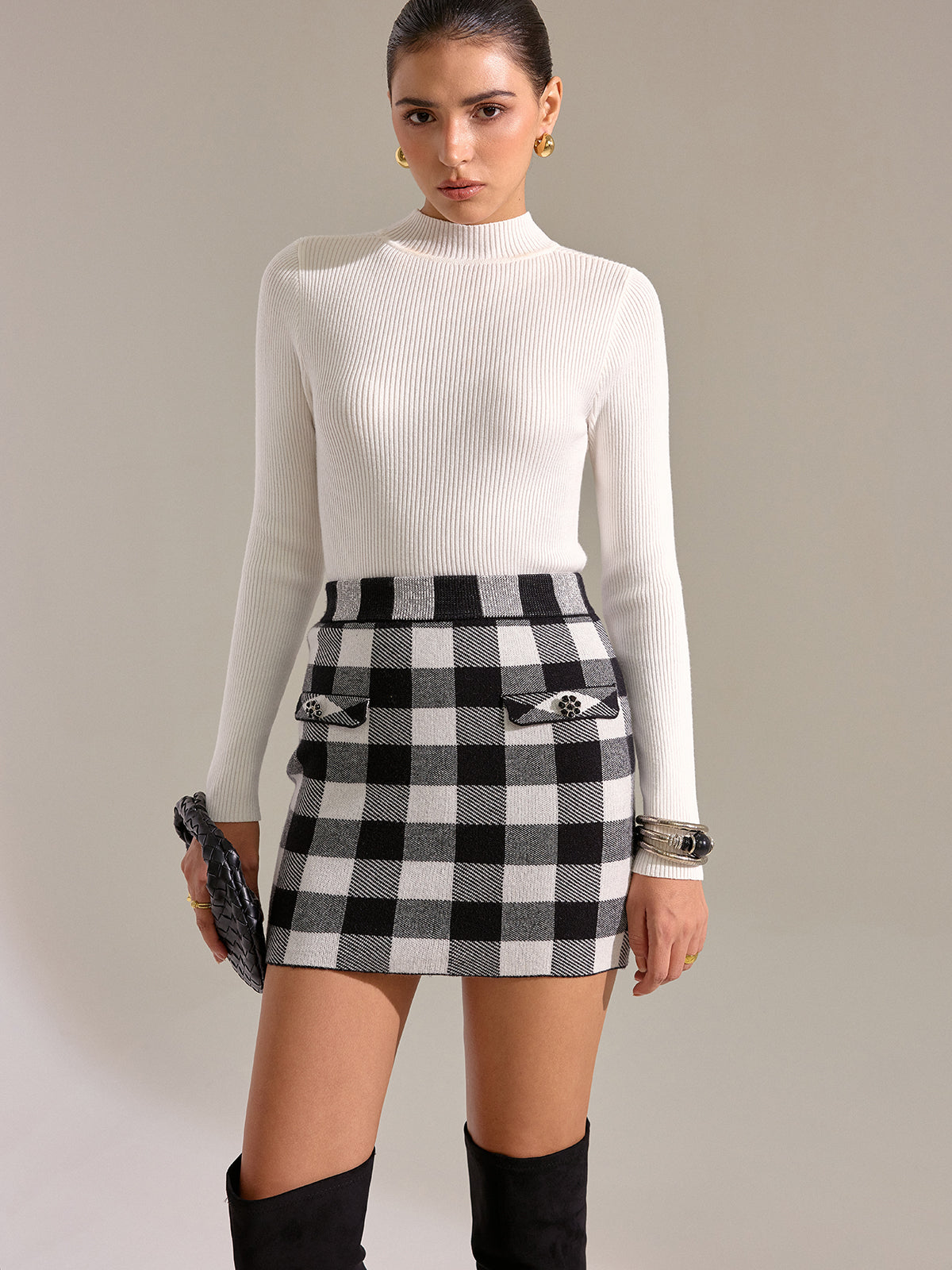 Checkered Wool Blend Mini Skirt-Chicvia