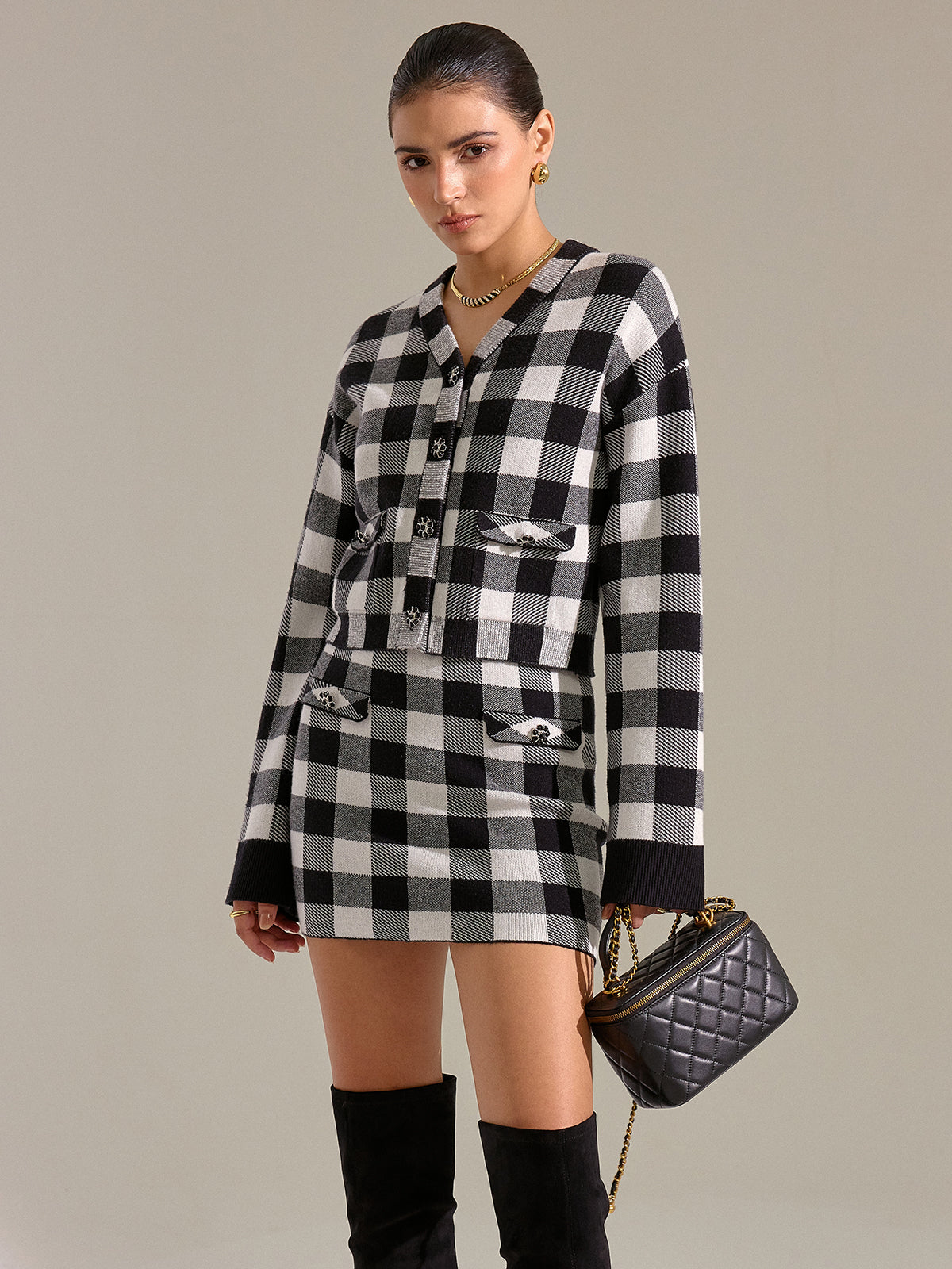 Checkered Wool Blend Button Cardigan-Chicvia
