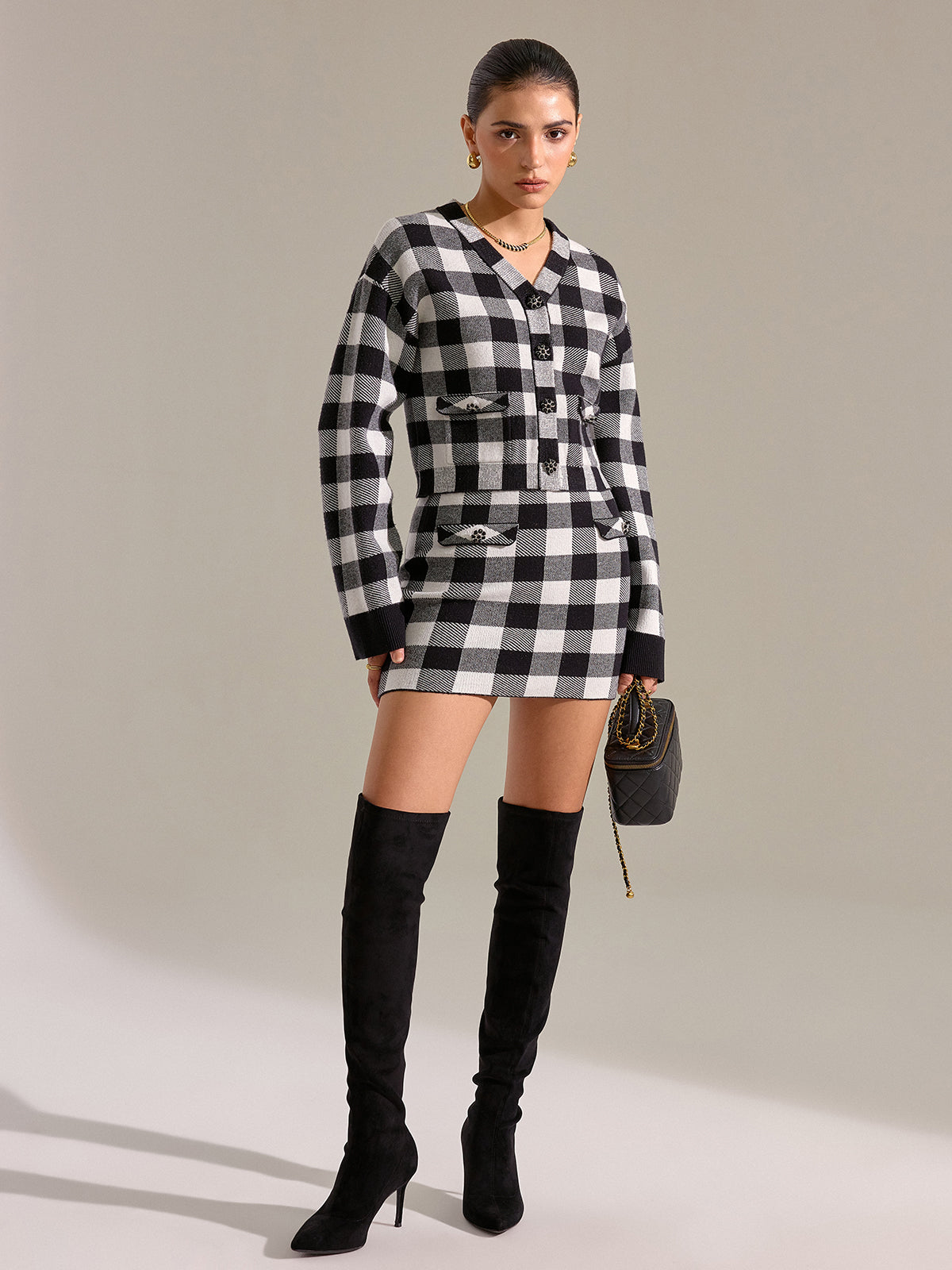 Checkered Wool Blend Button Cardigan-Chicvia