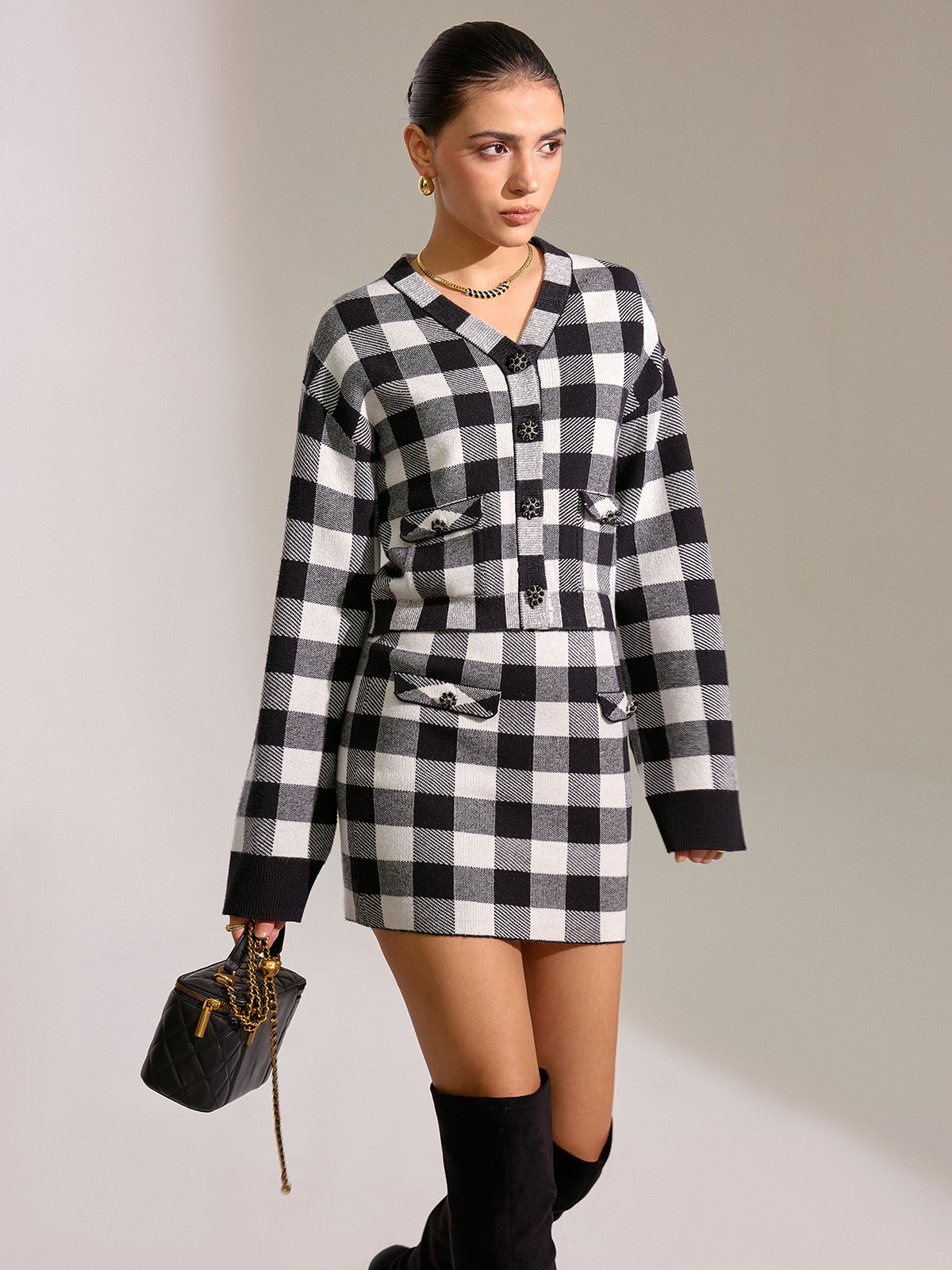Checkered Wool Blend Button Cardigan-Chicvia