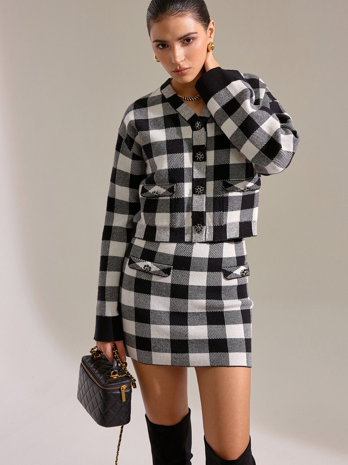 Checkered Wool Blend Button Cardigan-Chicvia
