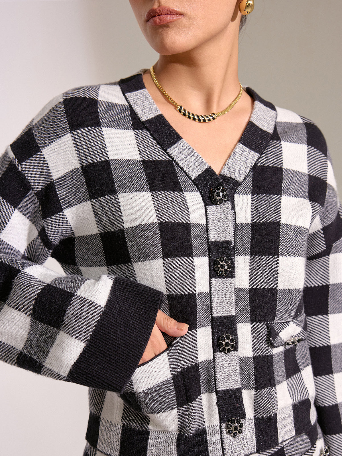 Checkered Wool Blend Button Cardigan-Chicvia