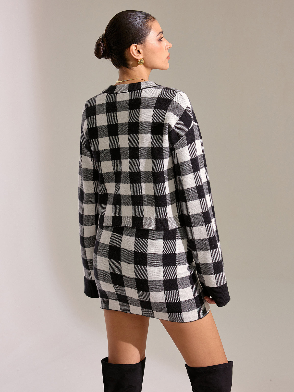 Checkered Wool Blend Button Cardigan-Chicvia