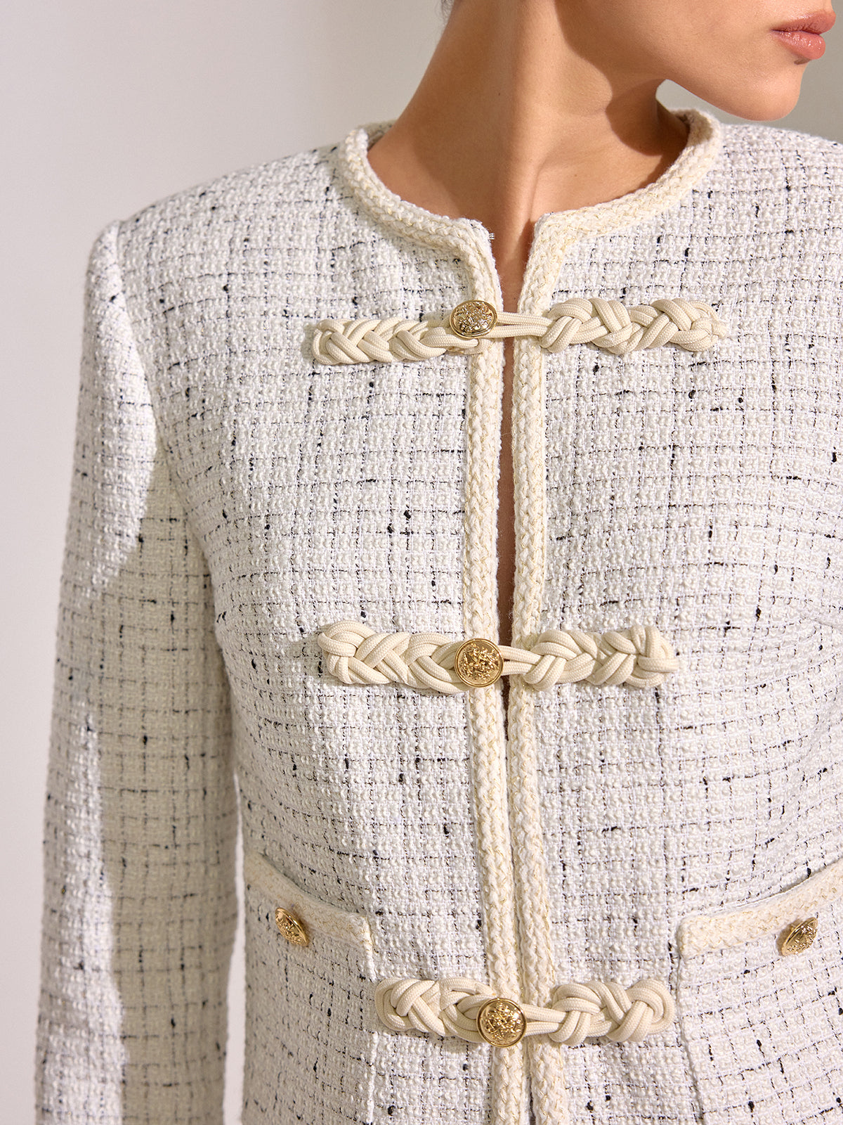 Metal Detail Knot Button Tweed Jacket-Chicvia