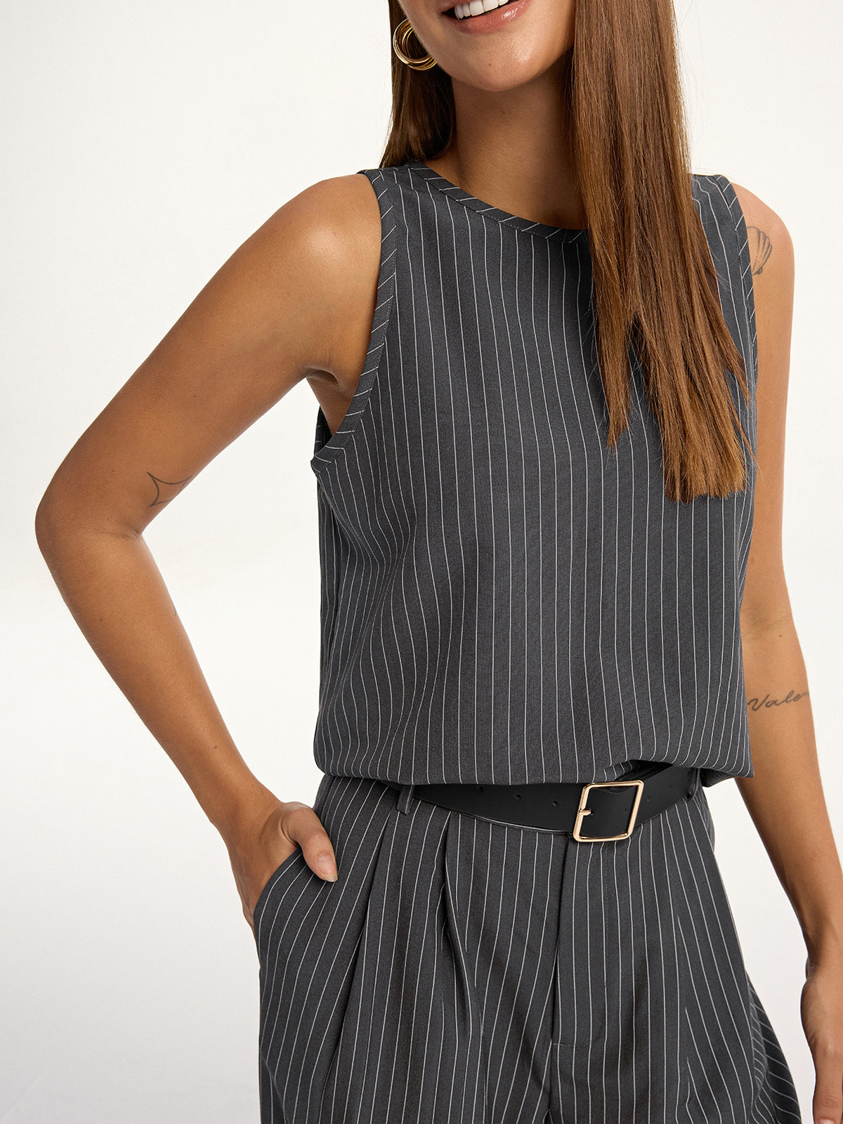 Pinstripe Sleeveless Top and Pants Set with Belt-Chicvia