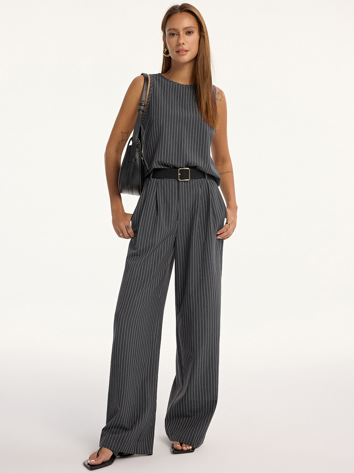 Pinstripe Sleeveless Top and Pants Set with Belt-Chicvia