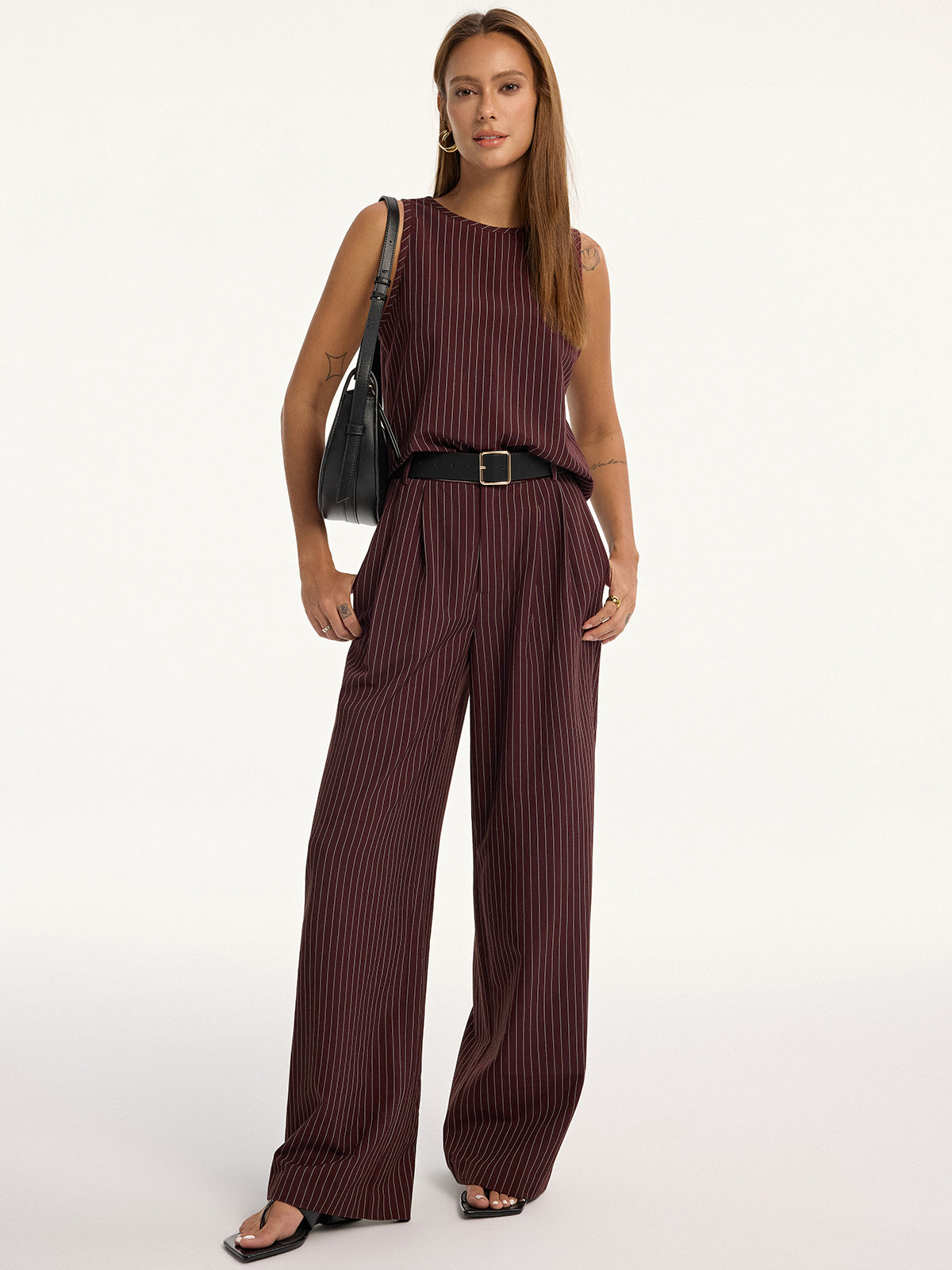 Pinstripe Sleeveless Top and Pants Set with Belt-Chicvia