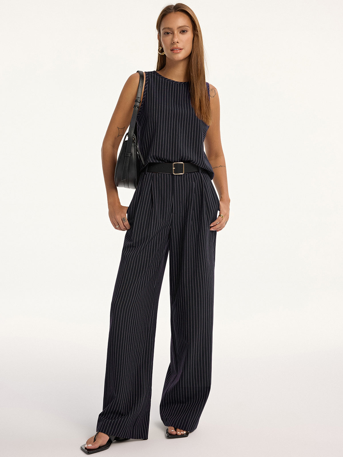 Pinstripe Sleeveless Top and Pants Set with Belt-Chicvia