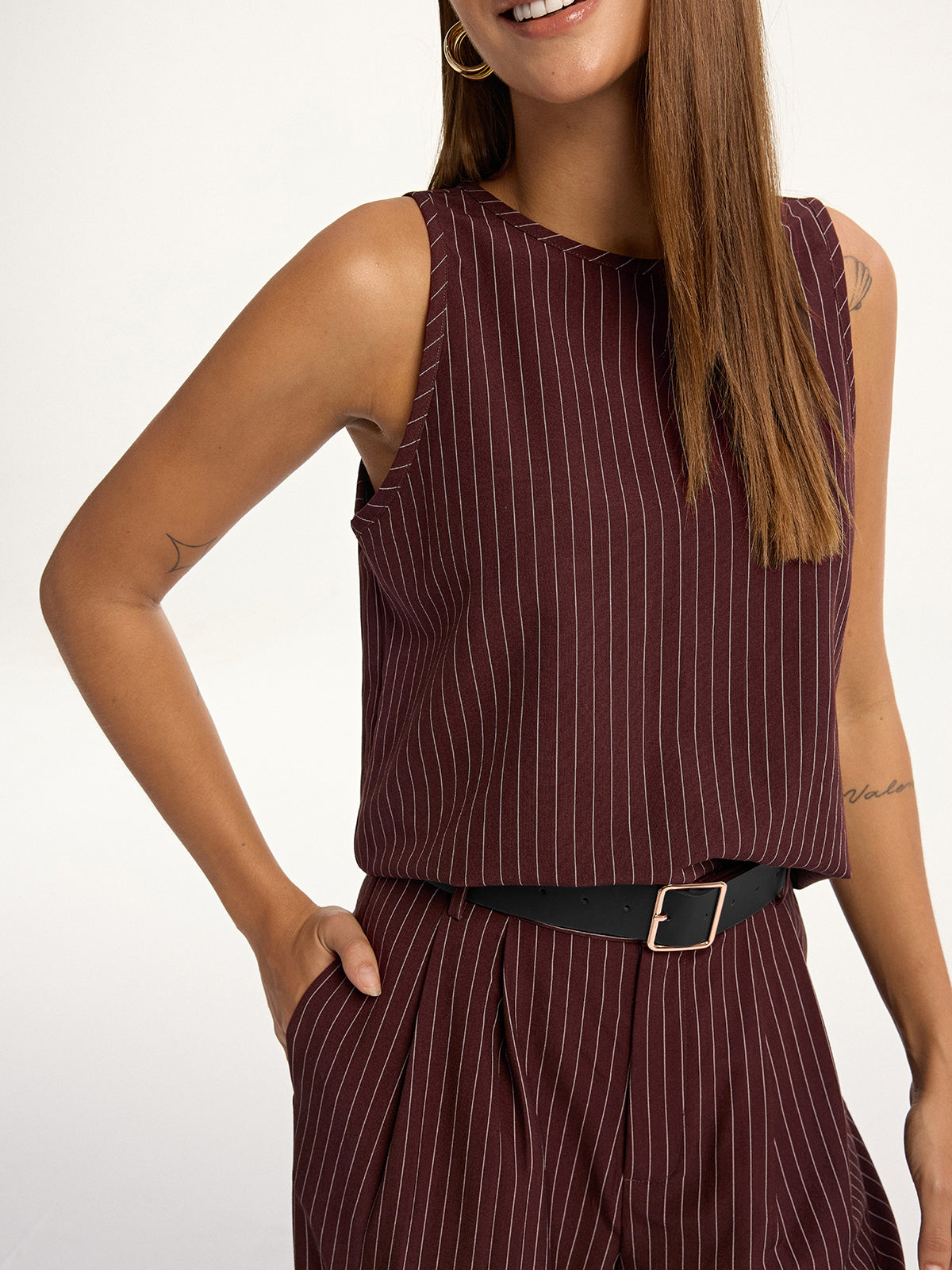 Pinstripe Sleeveless Top and Pants Set with Belt-Chicvia