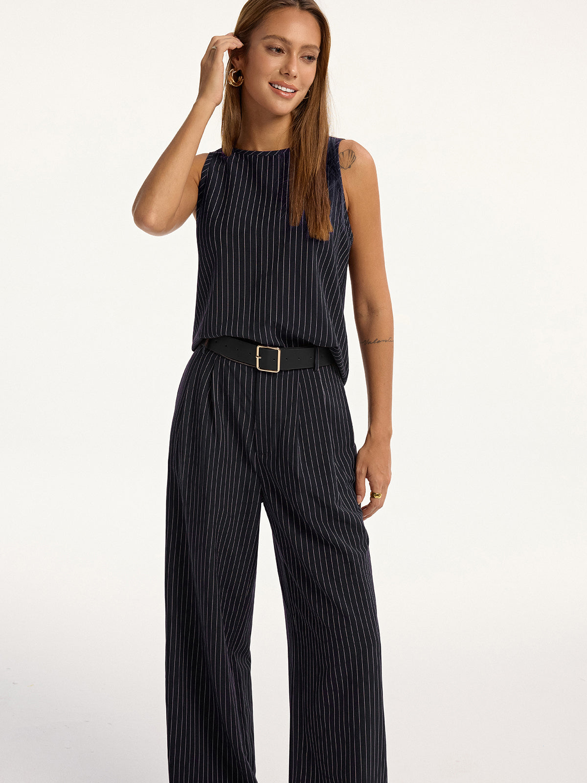 Pinstripe Sleeveless Top and Pants Set with Belt-Chicvia