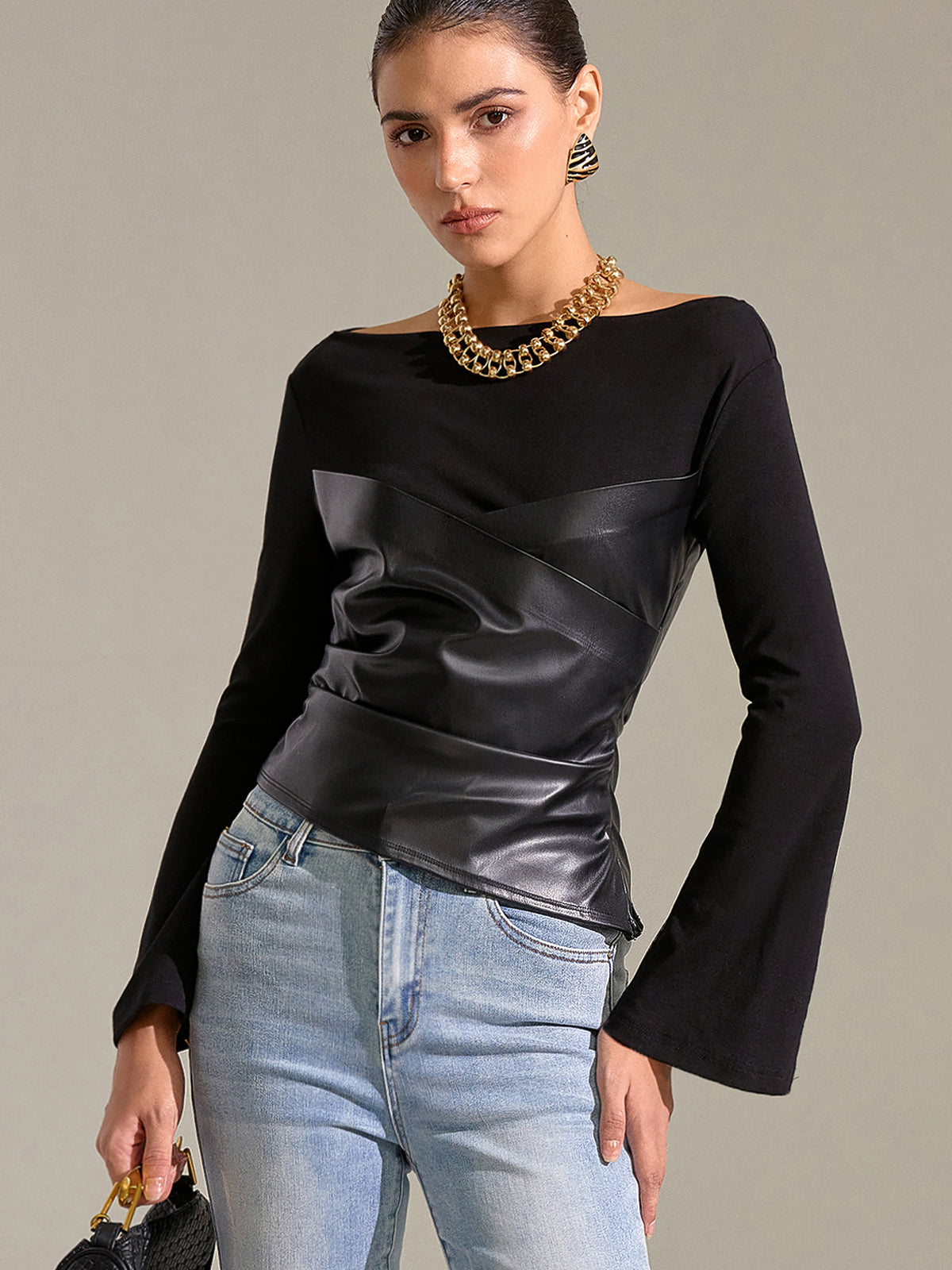 Flared Sleeve Faux Leather Panel Knit Top-Chicvia