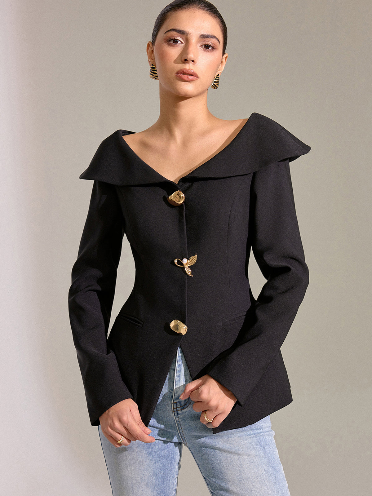 Large Lapel Off-Shoulder Blazer-Chicvia