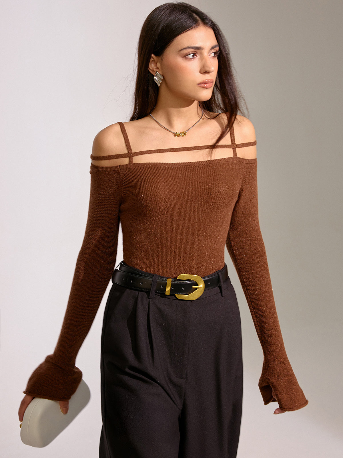 Flared Cuff Wool Blend Off-Shoulder Knit Top-Chicvia