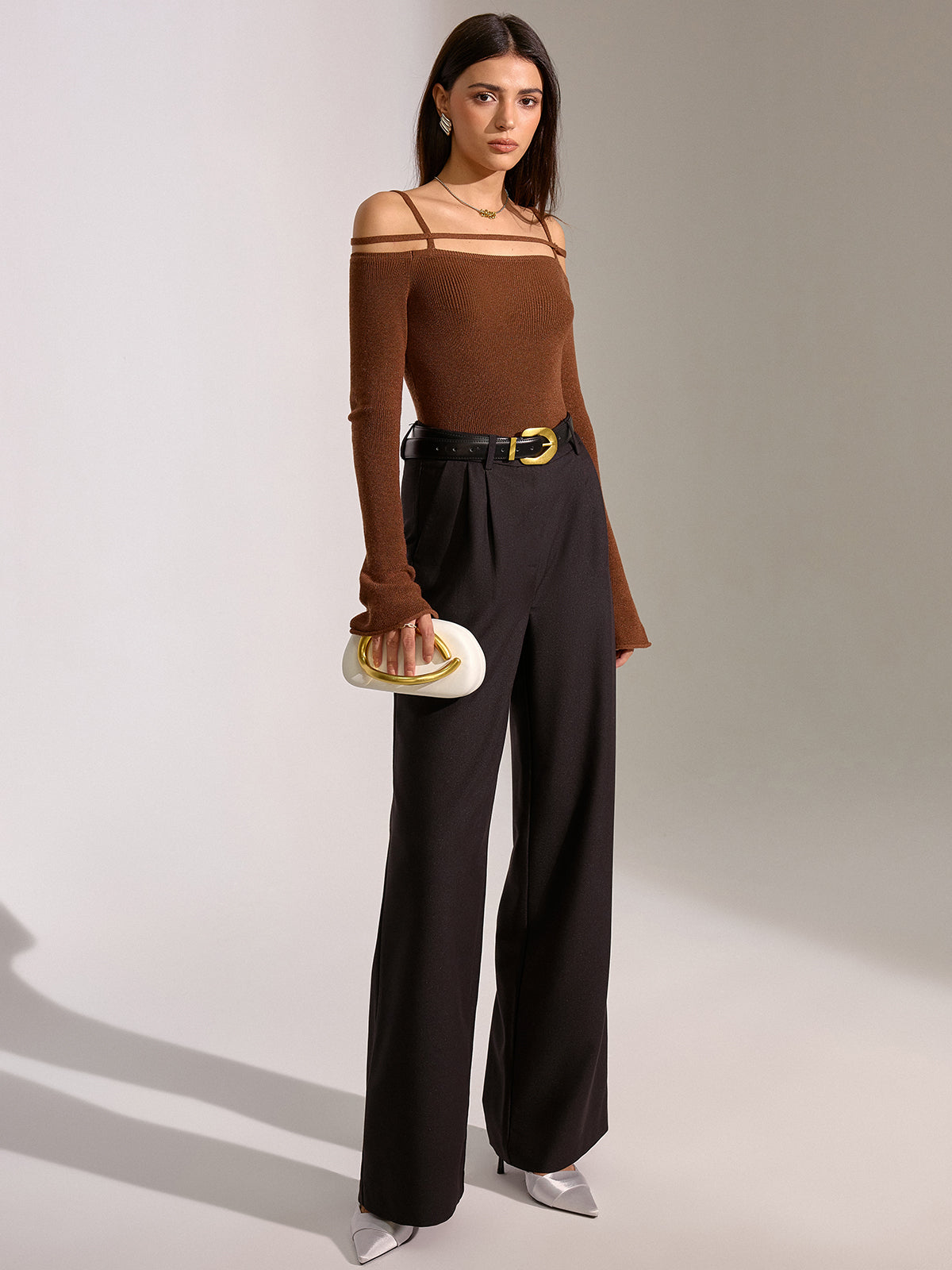 Flared Cuff Wool Blend Off-Shoulder Knit Top-Chicvia