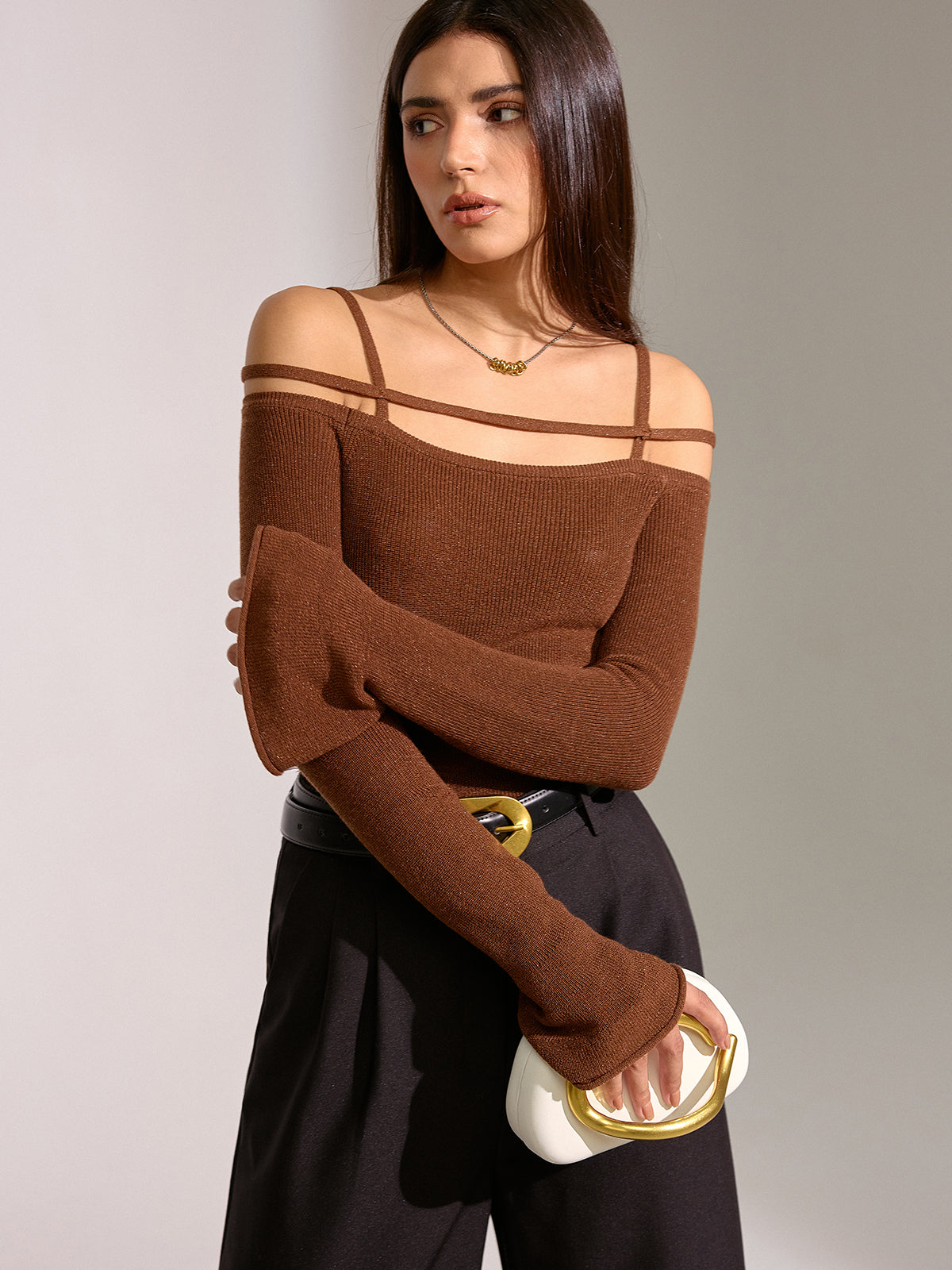 Flared Cuff Wool Blend Off-Shoulder Knit Top-Chicvia