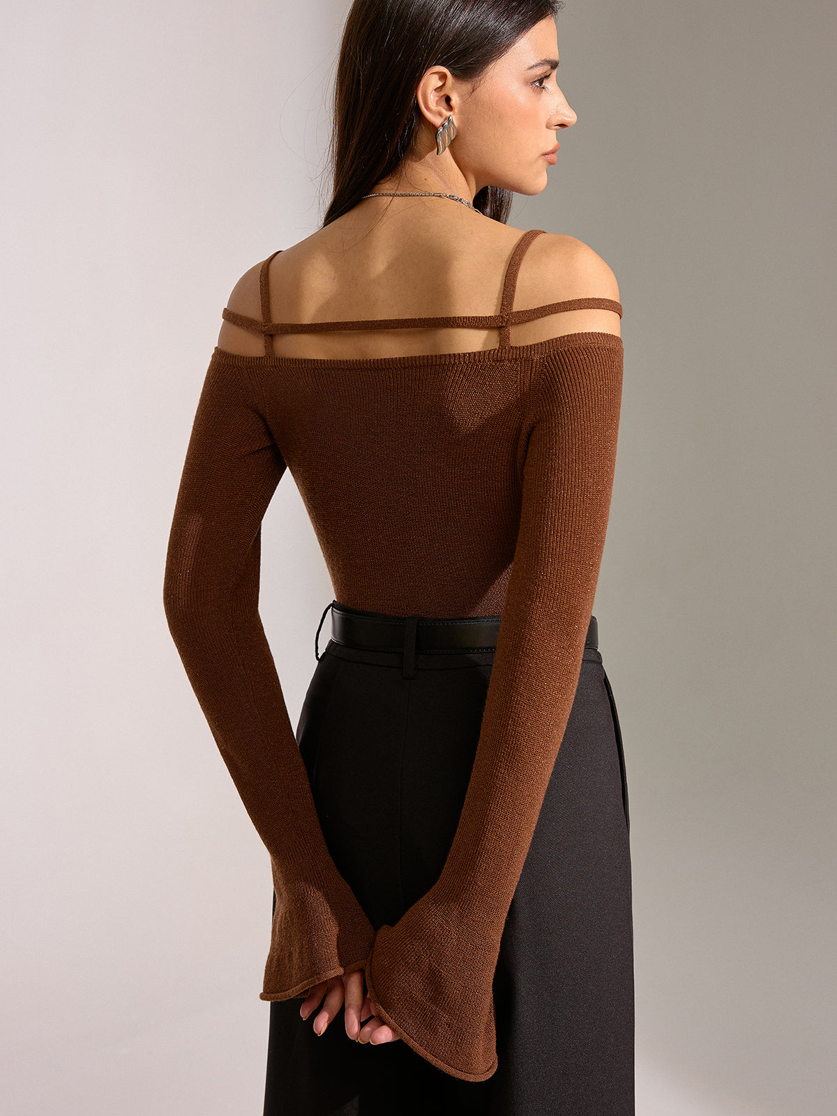 Flared Cuff Wool Blend Off-Shoulder Knit Top-Chicvia