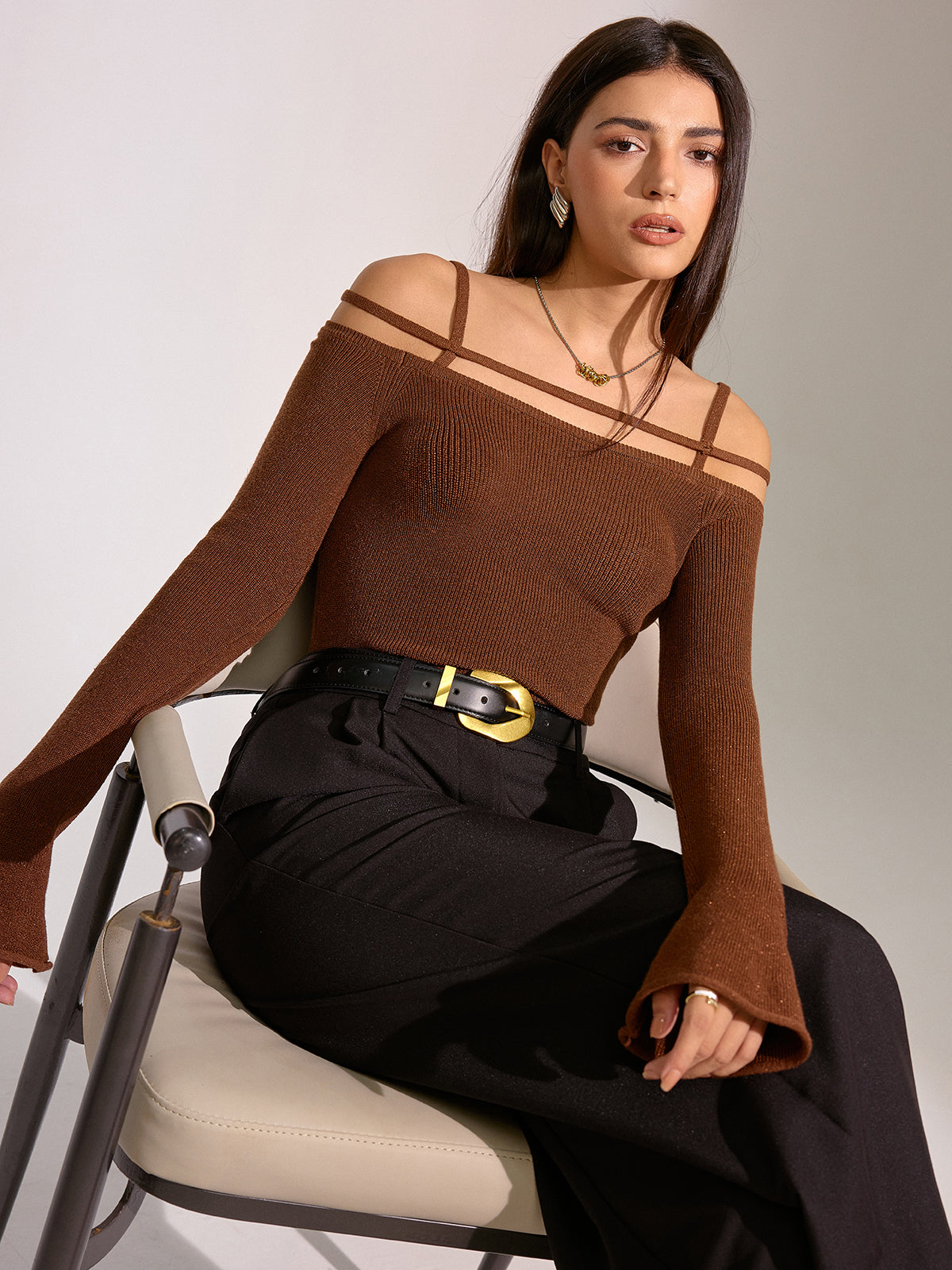 Flared Cuff Wool Blend Off-Shoulder Knit Top-Chicvia