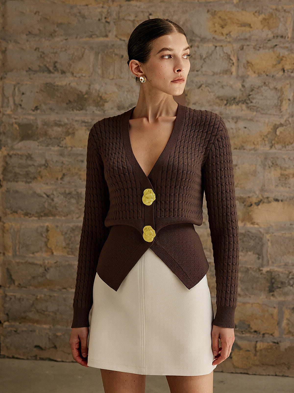 Metal Button V-Neck Cable Knit Outerwear-Chicvia