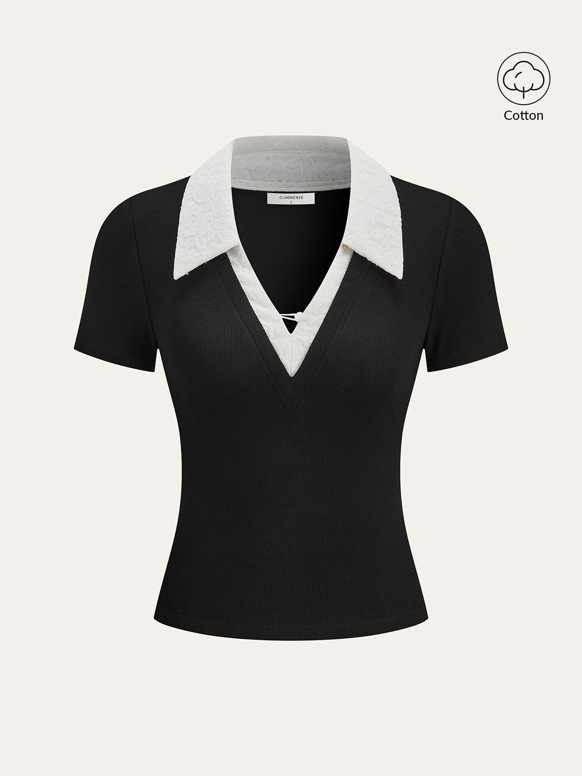 Contrast Lace Collar Cotton Blend T-Shirt-Chicvia