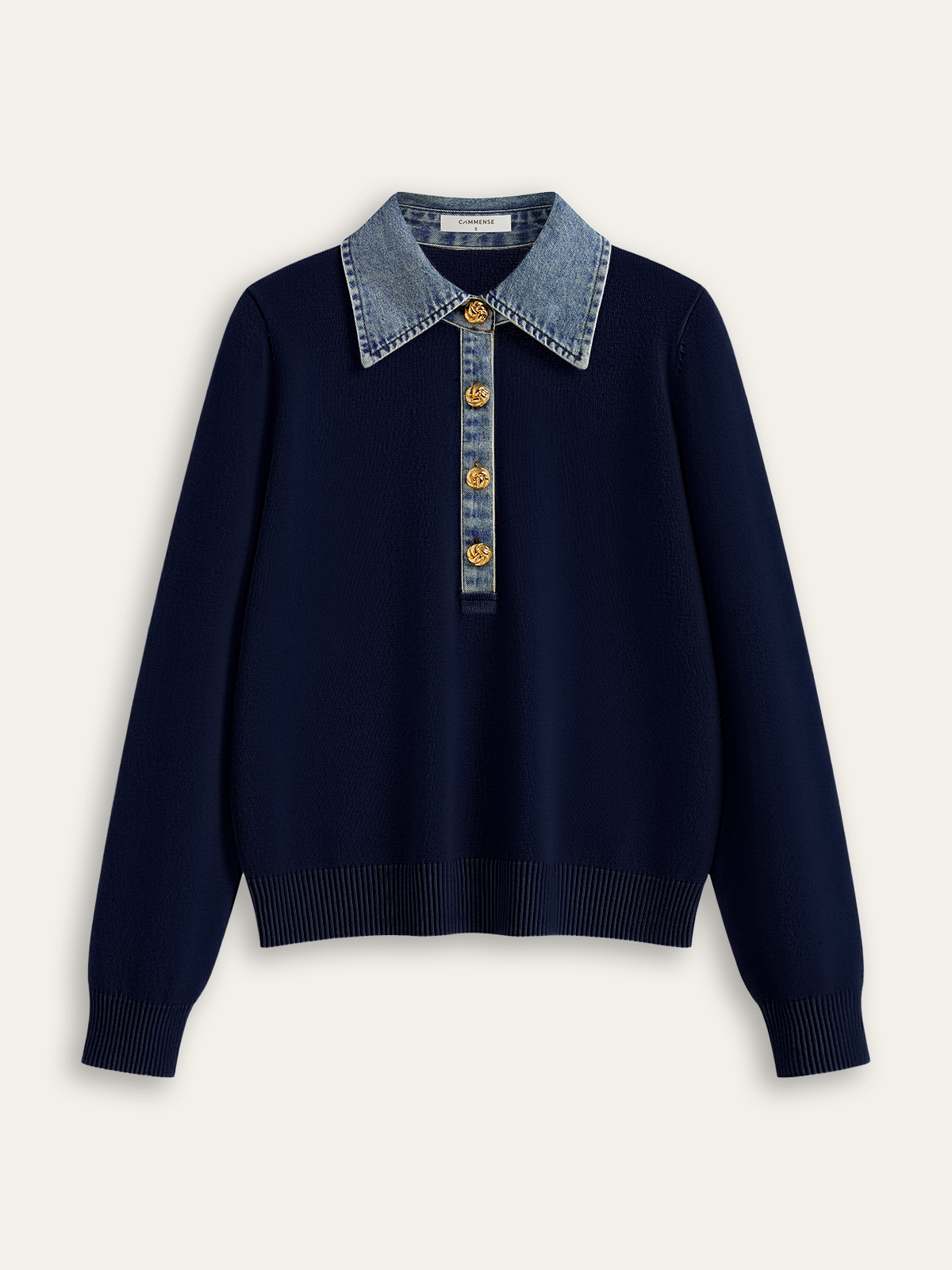 Denim Collar Wool Blend Knit Top-Chicvia