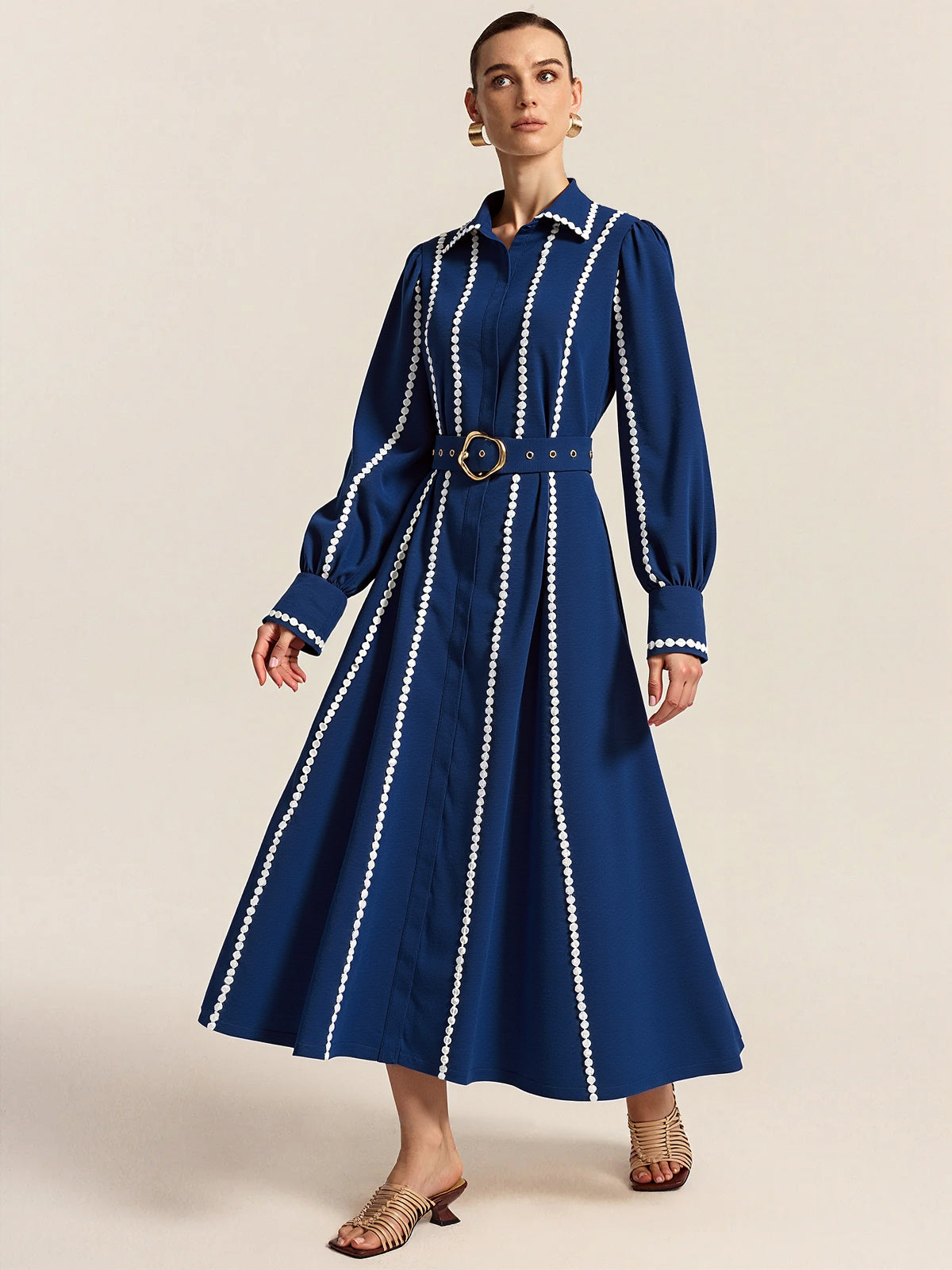 Contrast Lace-Trimmed Belted Shirt Dress-Chicvia