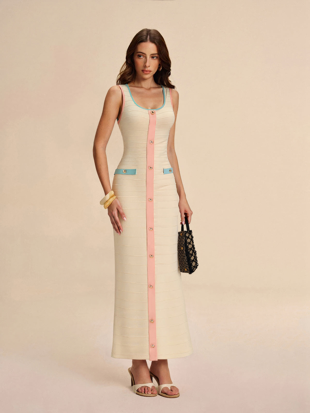 Color-Block Knit Midi Dress with Decor Button-Chicvia