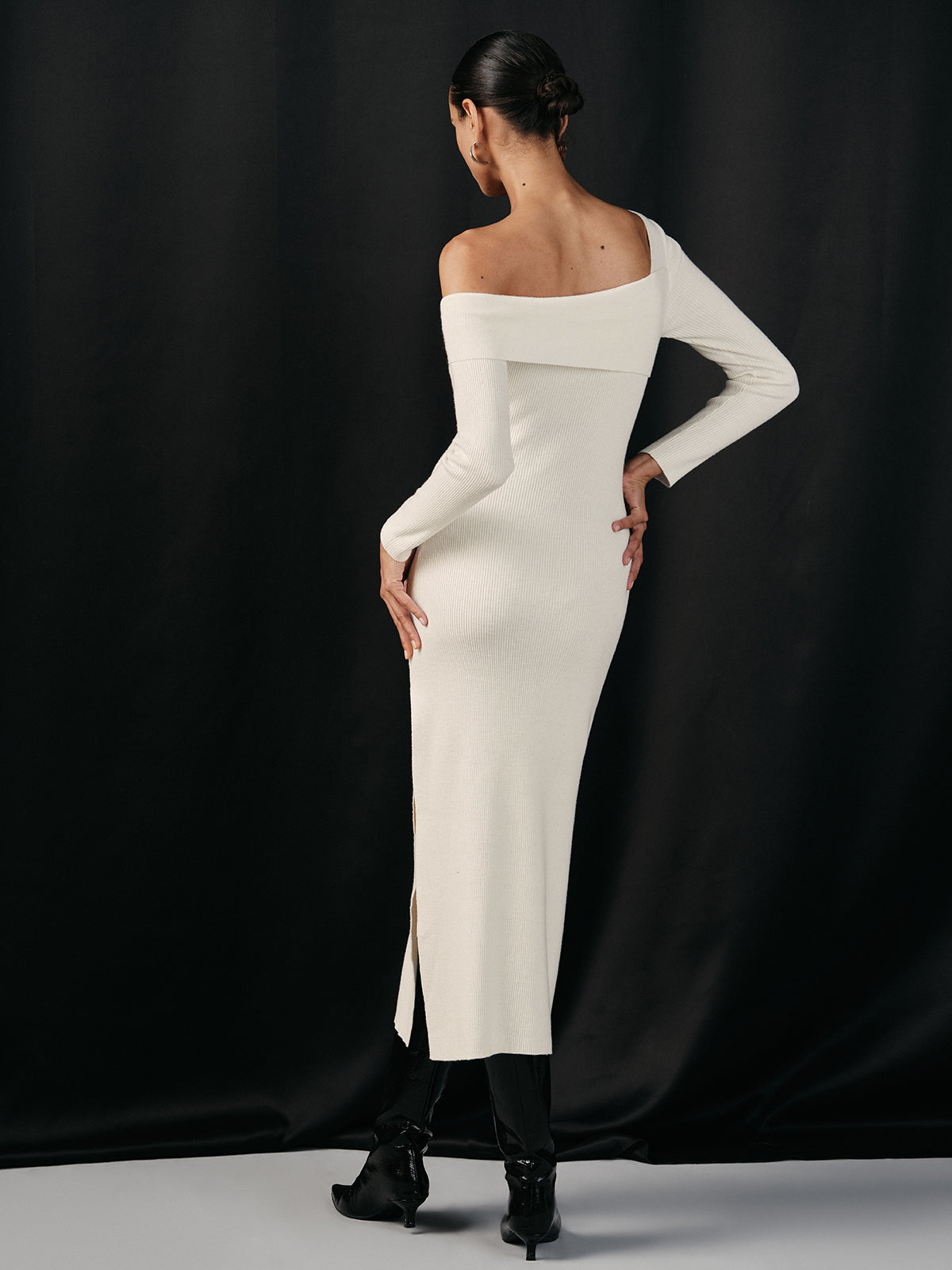 One Shoulder Wool Blend Knit Midi Slit Dress-Chicvia