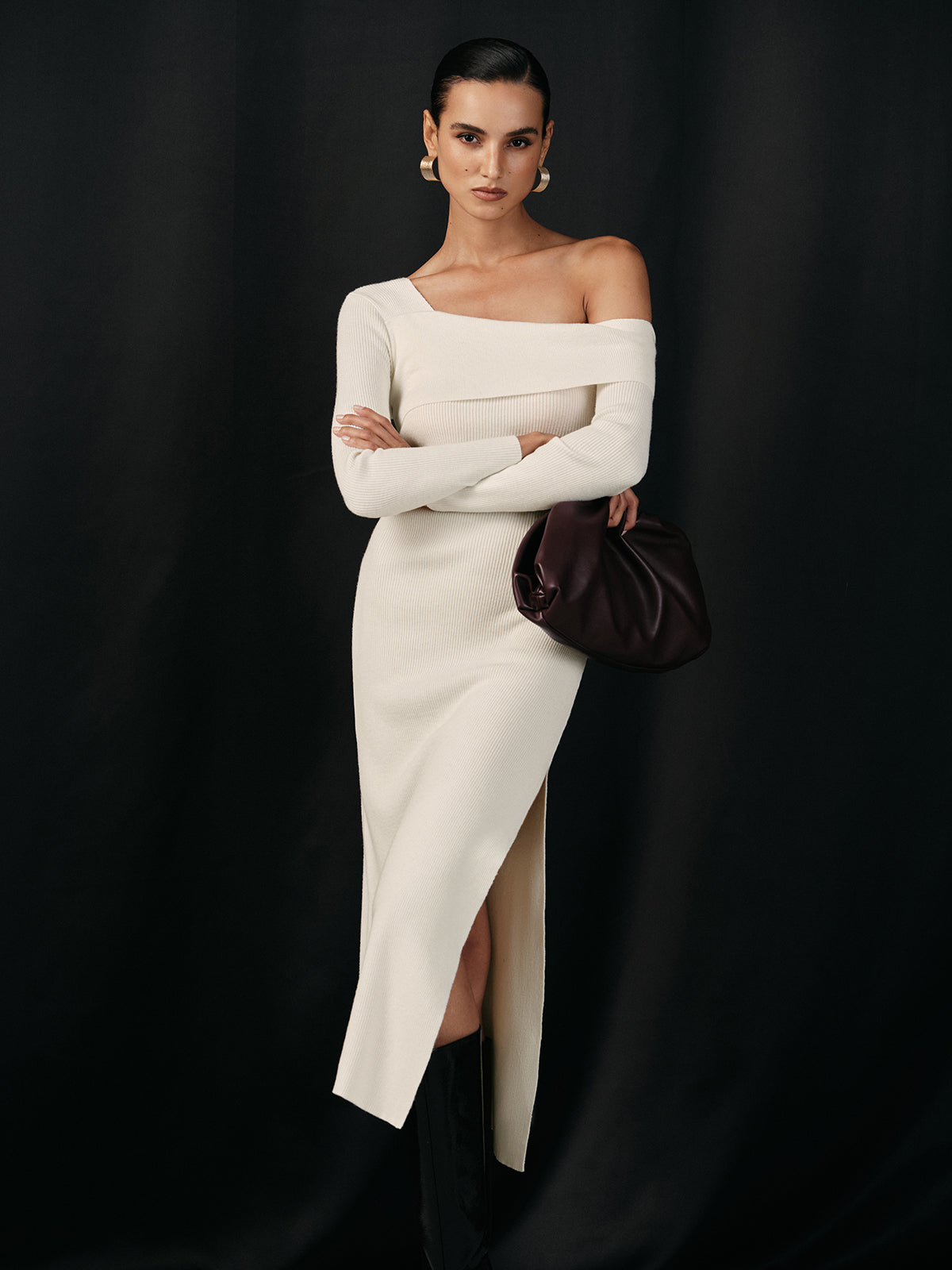 One Shoulder Wool Blend Knit Midi Slit Dress-Chicvia