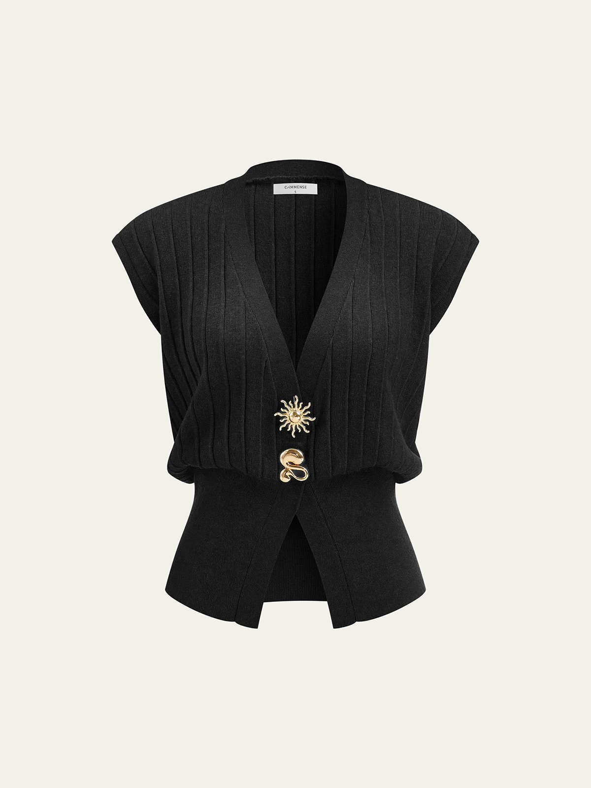 Metal Detail Cap Sleeve Ribbed Knit Vest-Chicvia