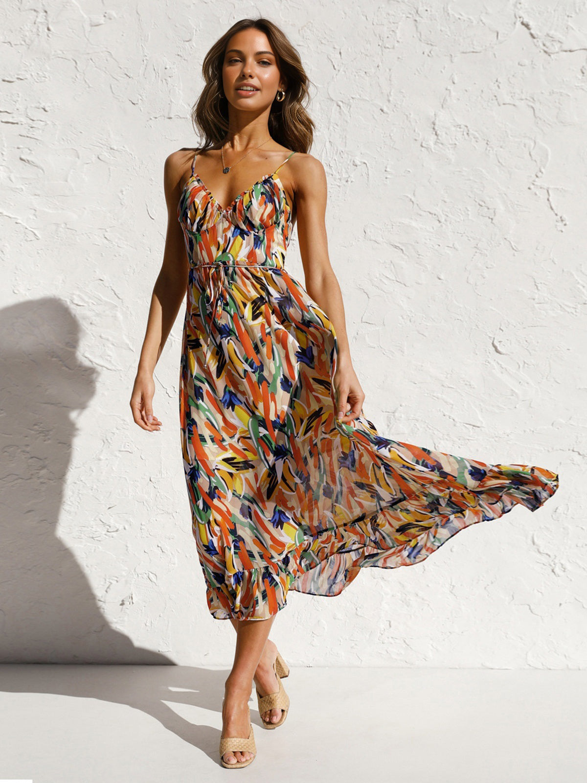 Multi Color Print Cami Midi Dress-Chicvia